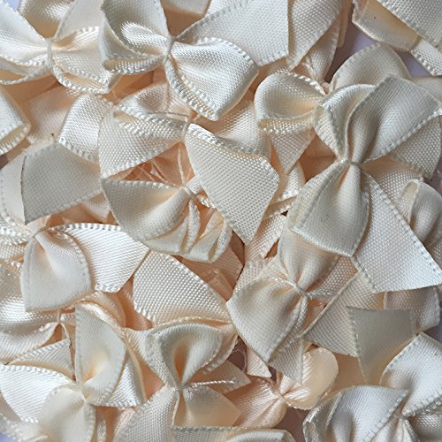 Chenkou Craft 60pcs Mini Satin Ribbon Bows Flowers 1" x3/4" Appliques DIY Craft Beige Color