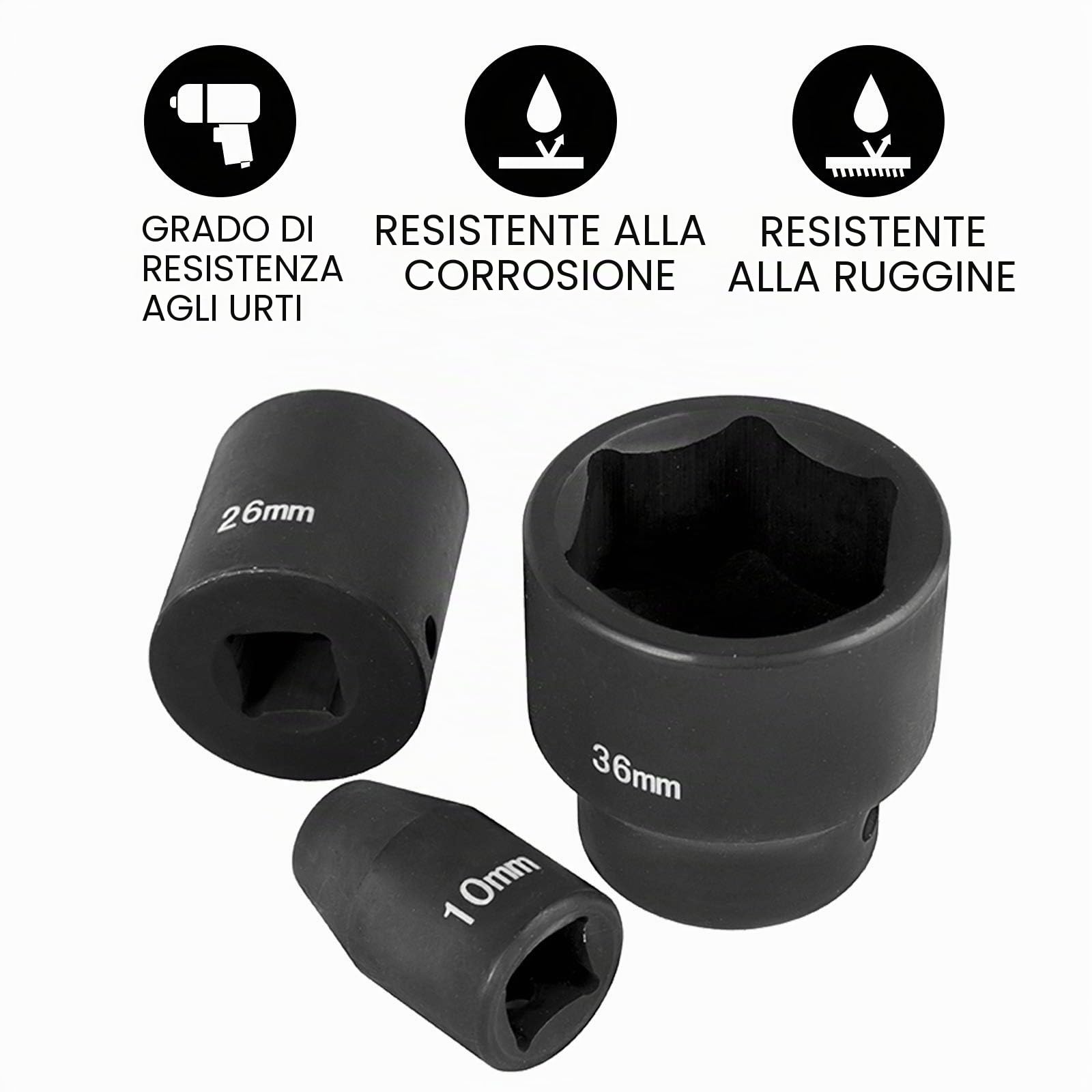 VEVOR Set di Bussole a Percussione 1/2 Pollici 26 Pezzi, Bussole a 6 Punti, CR-V, Set di Bussole per Azionamento da 1/2 Pollici Metrico da 10 mm a 36 mm, con Gabbia di Stoccaggio, per Lavori Manuali