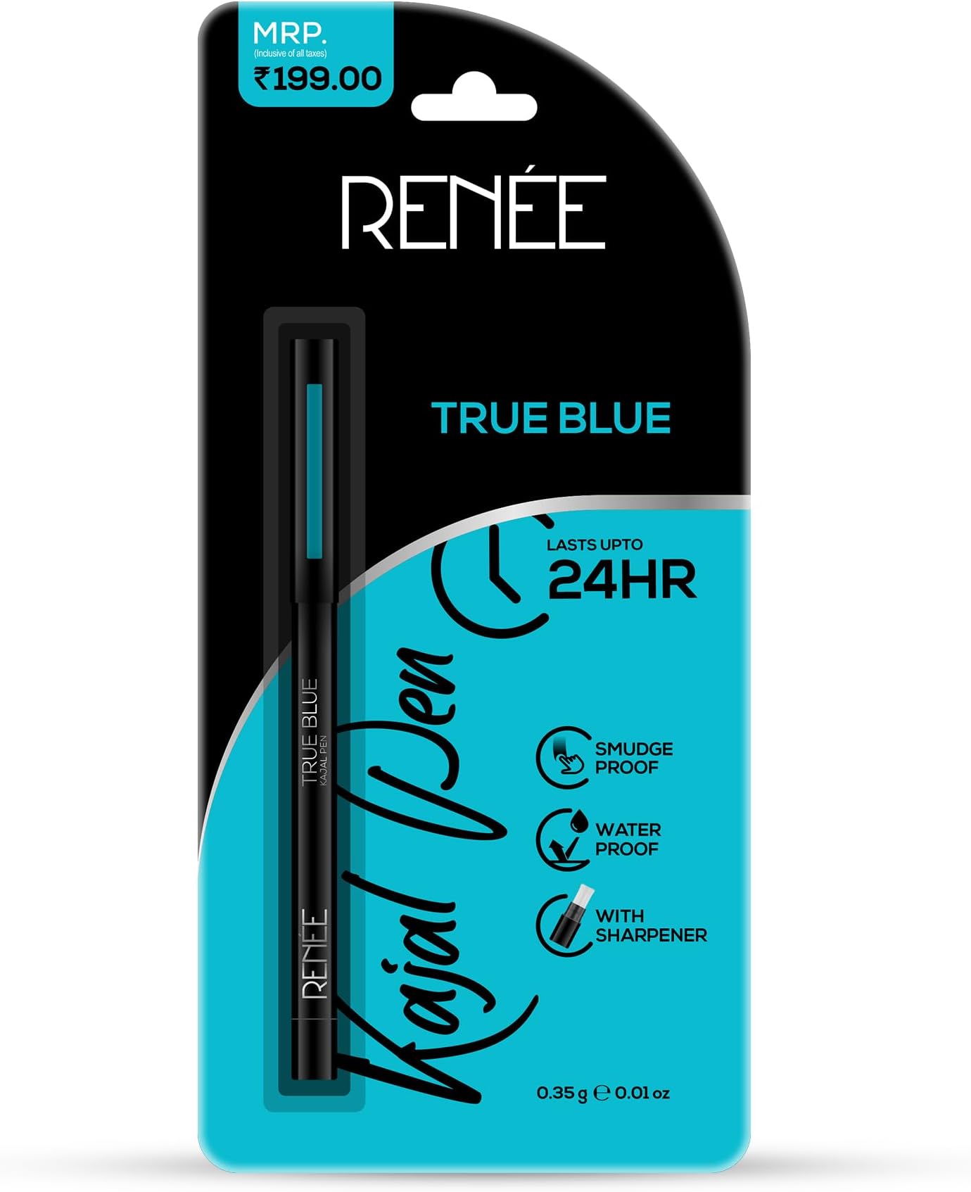 RENEE Kajal Pen with Sharpener - True Blue | 24 Hrs Stay | Long Lasting Kohl Pencil | Matte Finish | Rich Color Payoff | Smudge & Waterproof | One Swipe Application Formula | 0.35gm