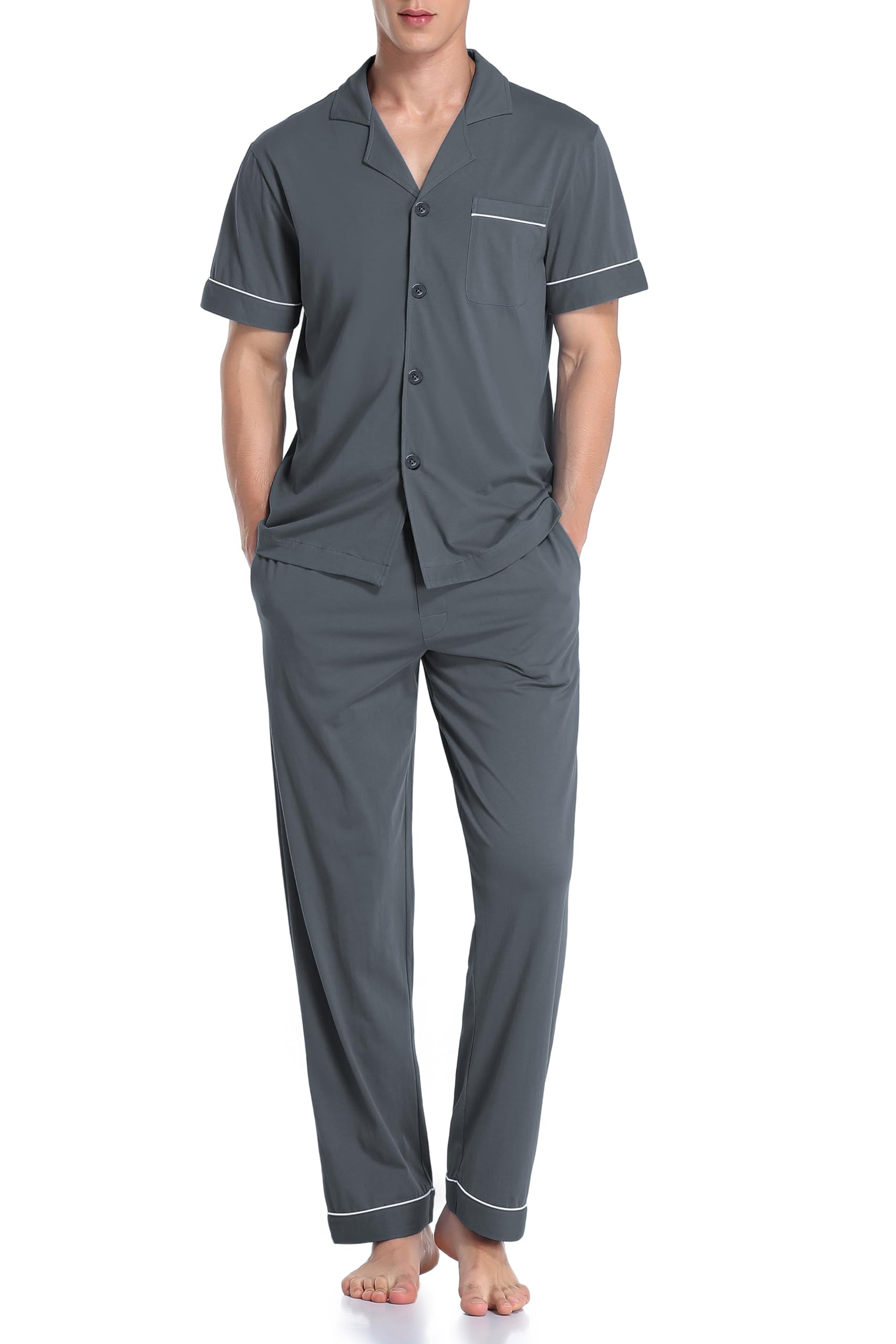 COLORFULLEAF Men's 100% Cotton Pajamas Set Button Down Sleepwear Short Sleeve and Long Pants Pjs