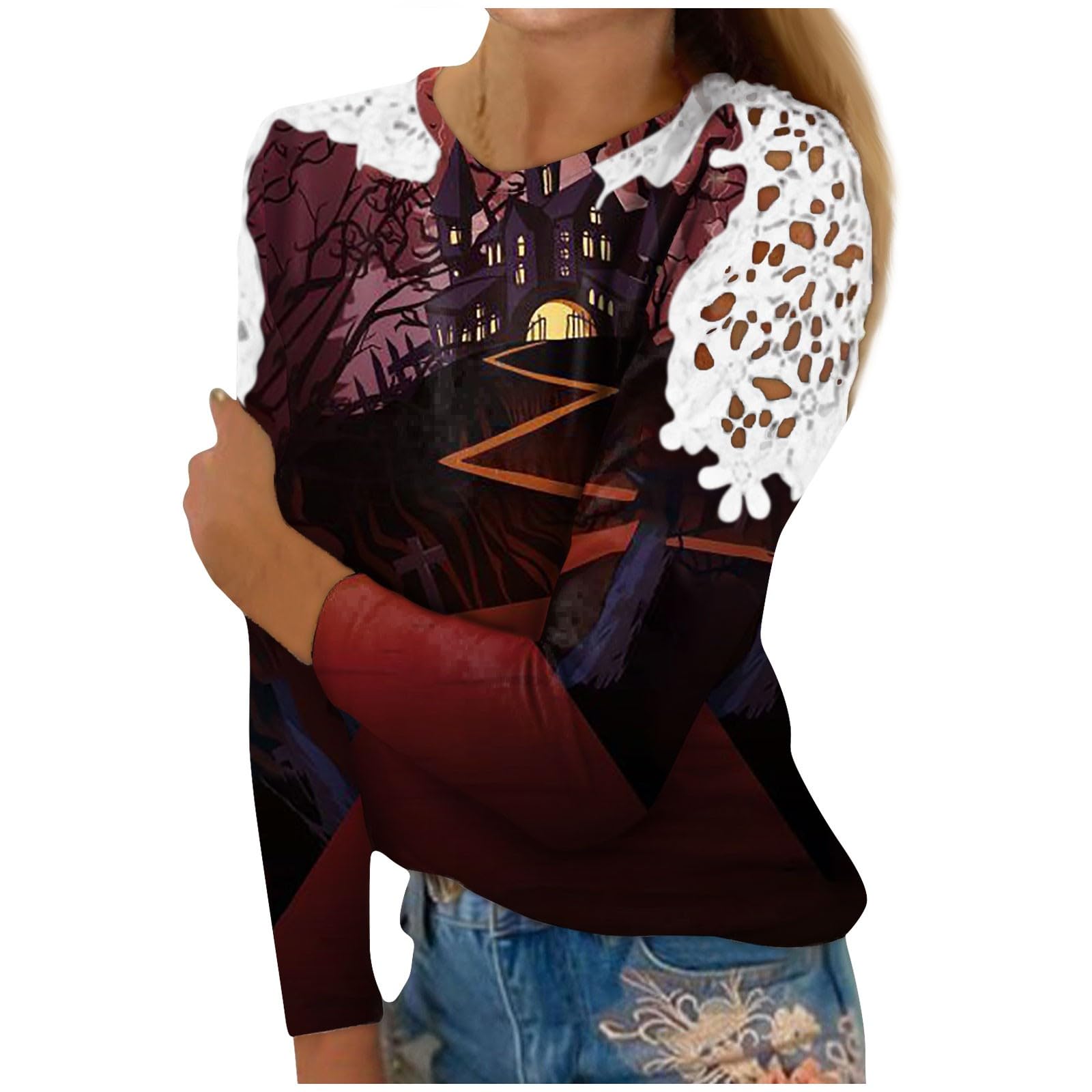 GenericWomen's Fashion Halloween Shirts Printed Splicing Lace Hollow Out Crewneck Sweatshirts Long Sleeve T Shirt Top