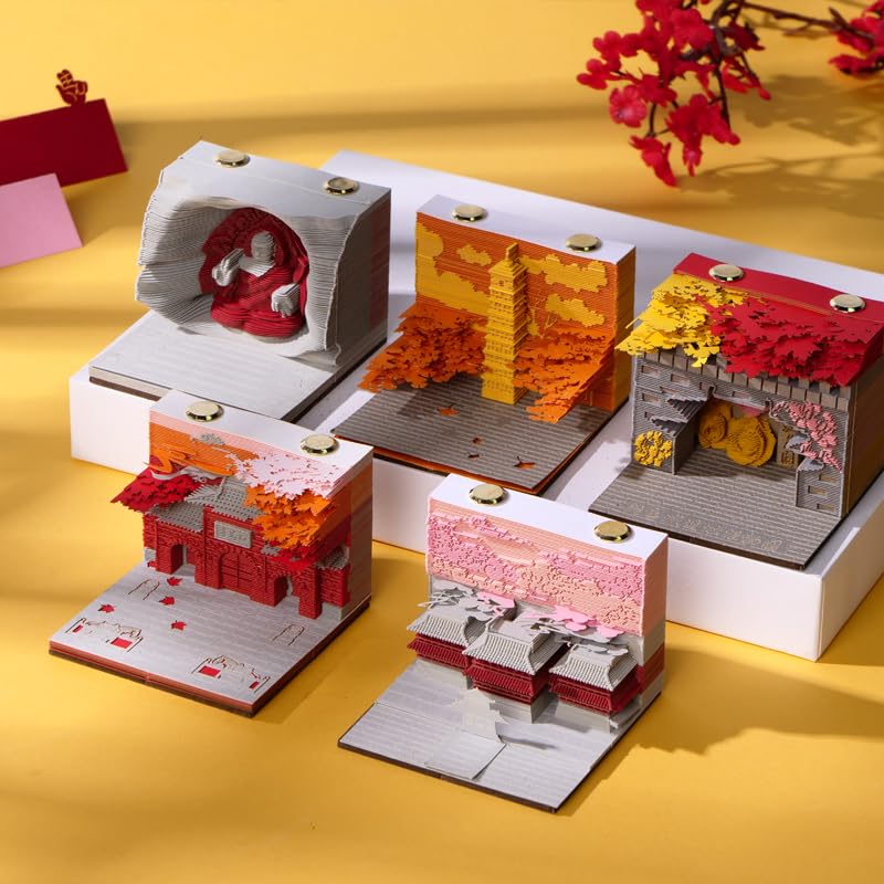 Buddhist Pagoda Tear-Off Notepad | Jiming Temple Laser-Carved Memo Cube | Zen Meditation Notebook for Desk Organization (Ming Dynasty Architecture)​ (Complete set (one each of 5 styles))