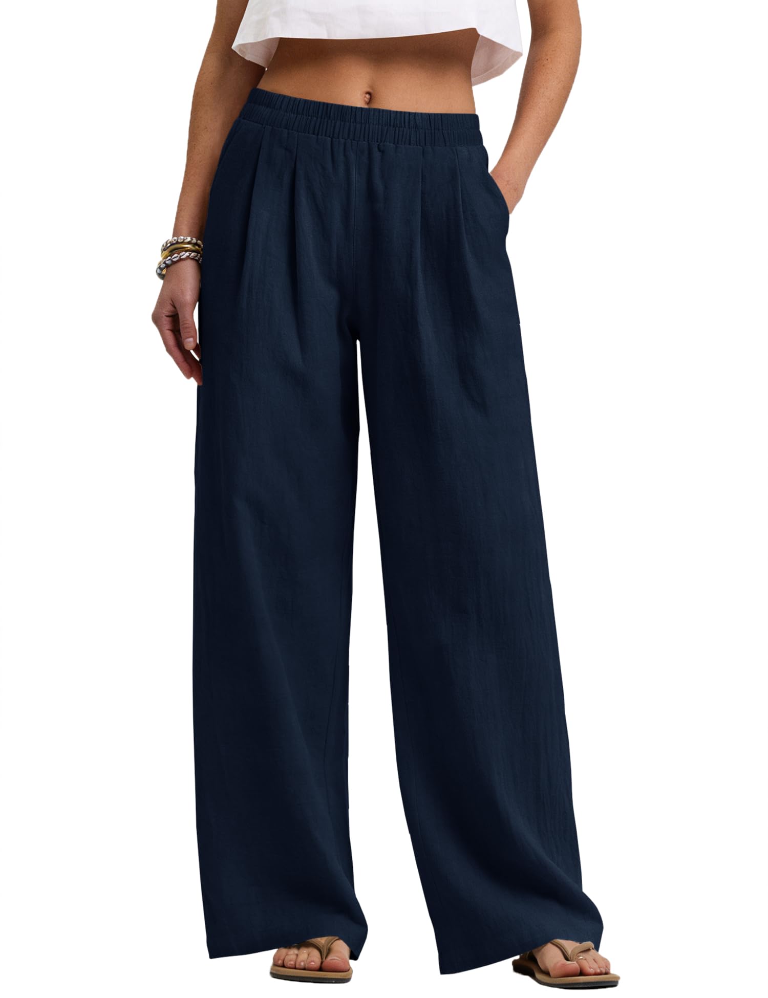 Rapbin Leinenhose Damen Weites Bein Sommer Elastischer Bund Casual Palazzo | Atmungsaktiver Stoff, Tiefe Taschen, Elastischer Bund für Ganztägigen Komfort, Pflegeleicht, Vielseitig für Strand und Büro