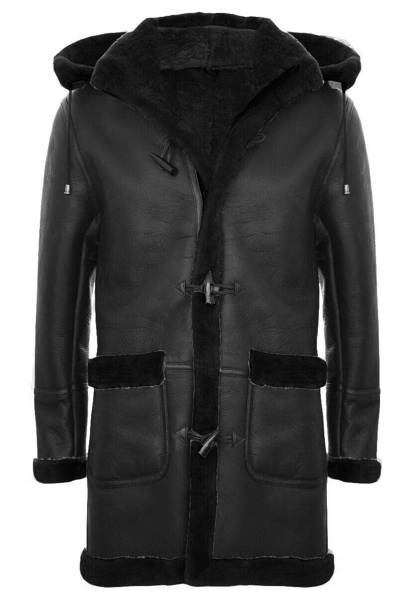 Infinity Leather Men's Black Warm Winter Long Real Sheepskin Leather Brown Hooded Duffle Coat 4XL