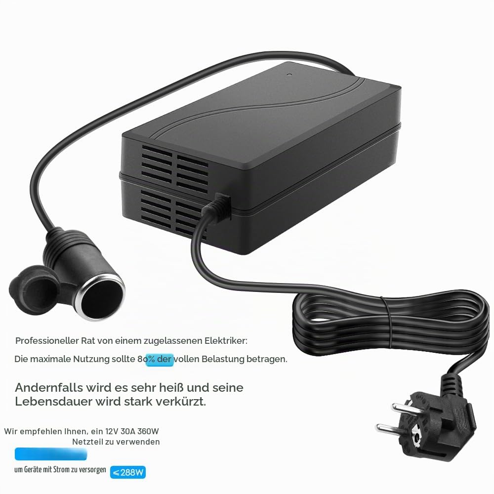 SHNITPWR Spannungswandler 230V auf 12V 30A KFZ Netzadapter 360W Adapter Zigarettenanzünder Steckdose 3M Netzkabel für Kühlbox Kompressor Reifenfüller Wohnmobilausstattung