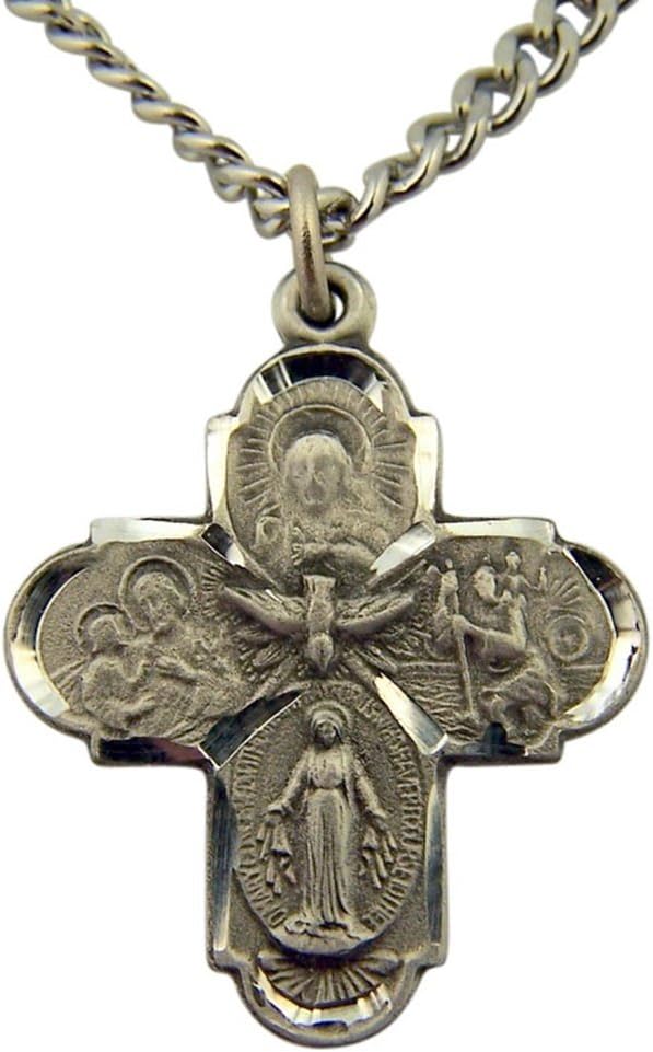 Religious Gifts Pewter Four-Way Scapular Cross Pendant with Bright Cut Accents, 13/16 Inch