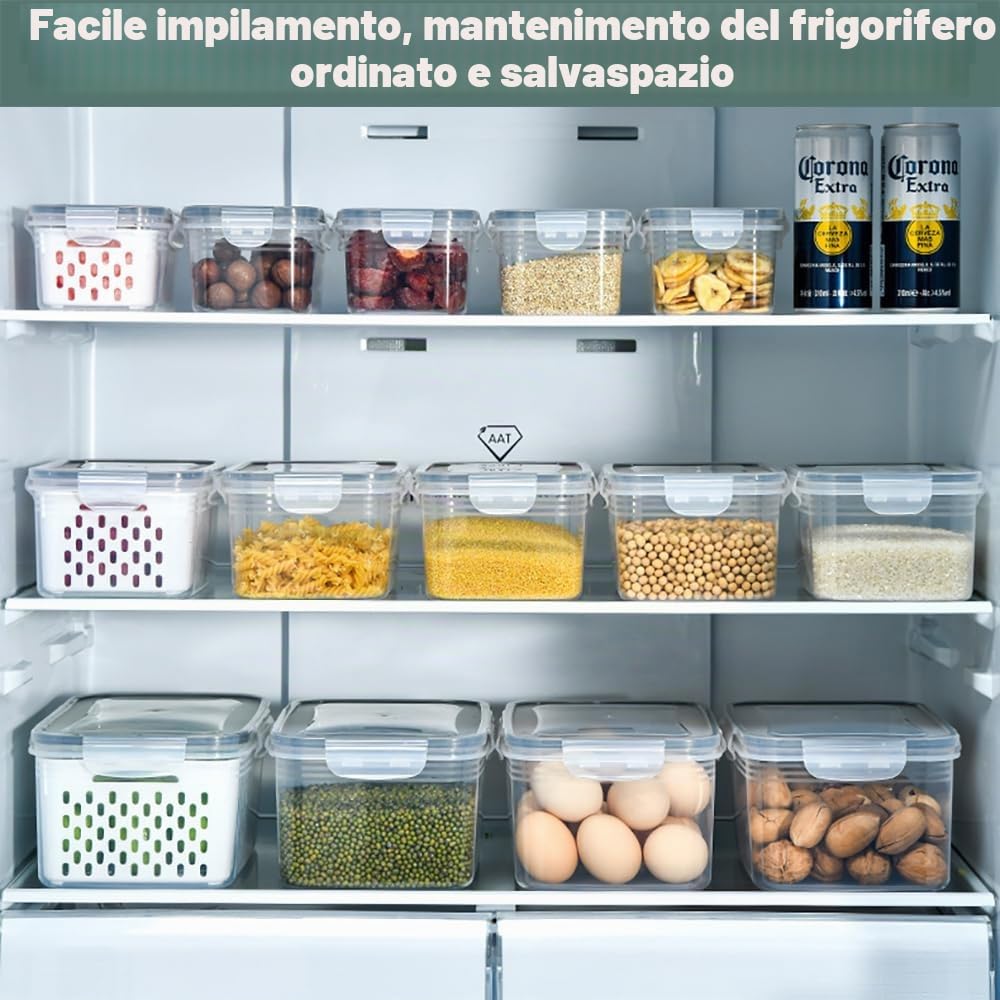 Kongming Organizer Frigorifero, Contenitori Plastica Frigo Con coperchio e cestello di scarico rimovibile per Insalata, Verdura, Frutta (6.2L+4.15L+3.15L+1.7L+0.8L)