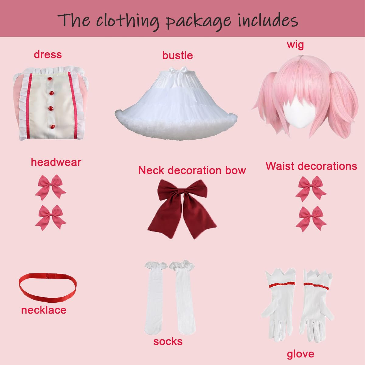 Madoka Magica Cosplay Costume with Bustle Anime Halloween Cosplay Costume Set: Clothing+bustle+wig Medium