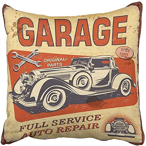 ZGNNN-EU Cartel Vintage Garage Retro Car Mecánico 1950S 1960S Fundas de cojín para automóvil envejecido, 50 cm x 50 cm