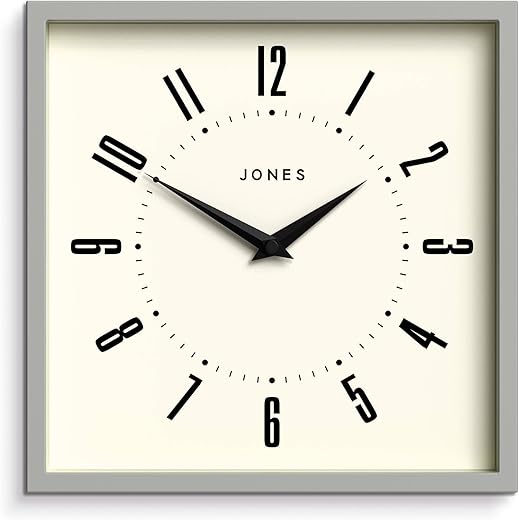 JONES CLOCKS® Box wall Clock | Retro Square | 10 inch | Gray | Easy to Read Numbers | Perfect Kitchen or Office Clock
