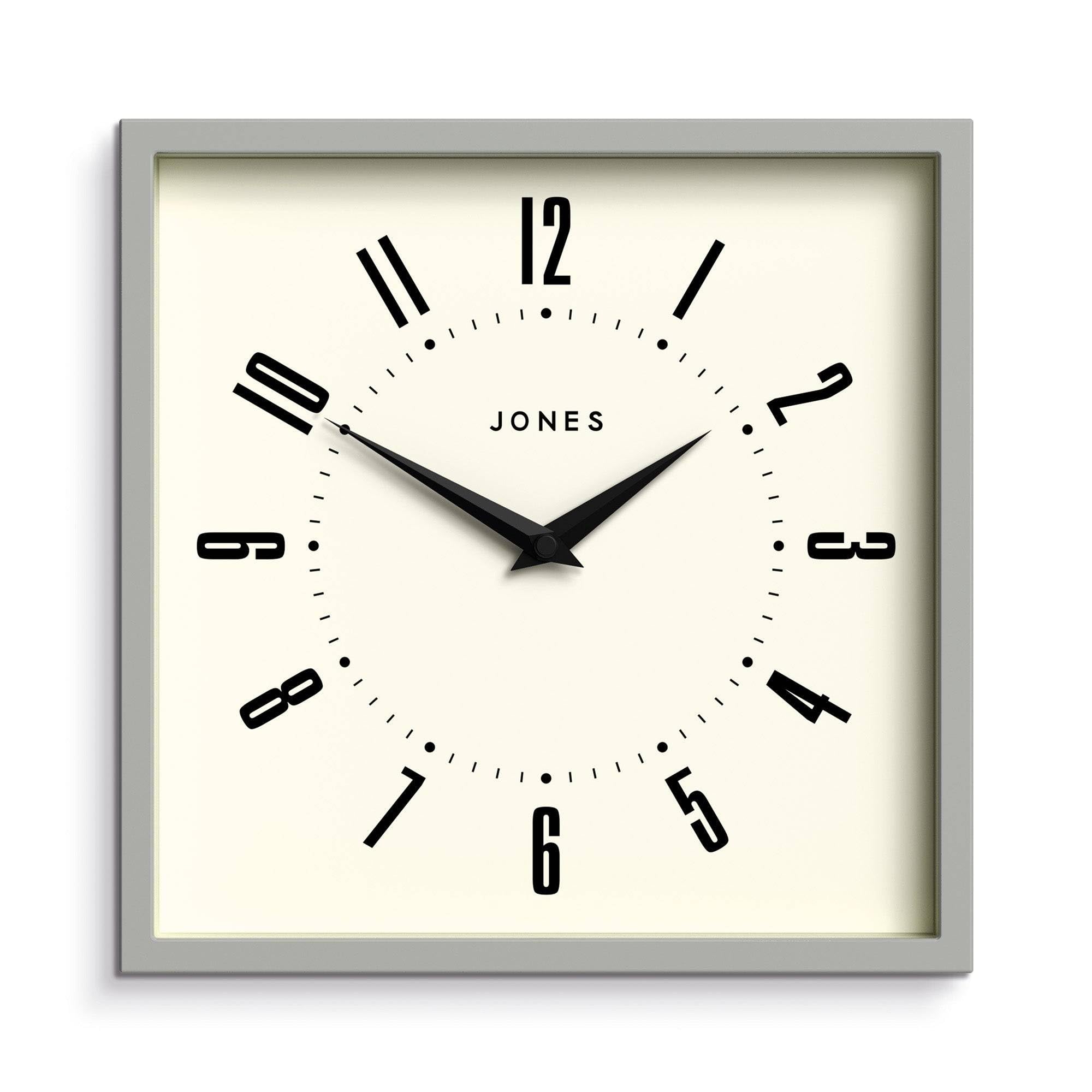 Jones Clocks® Box wall clock | Retro square | 25cm | Grey | Easy to read numbers | Perfect kitchen or office clock
