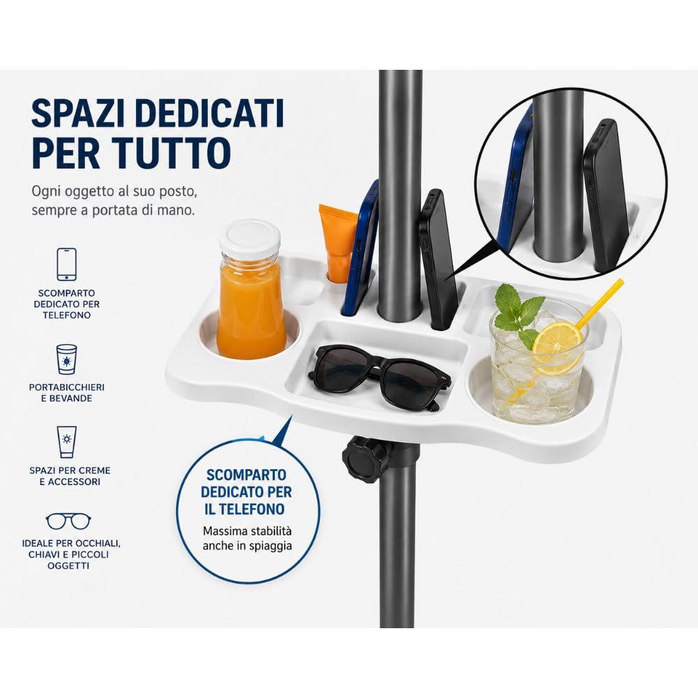 Tavolino Porta Oggetti per Ombrellone 35x35 cm – Tavolo Universale con Morsetto Regolabile 22-40 mm