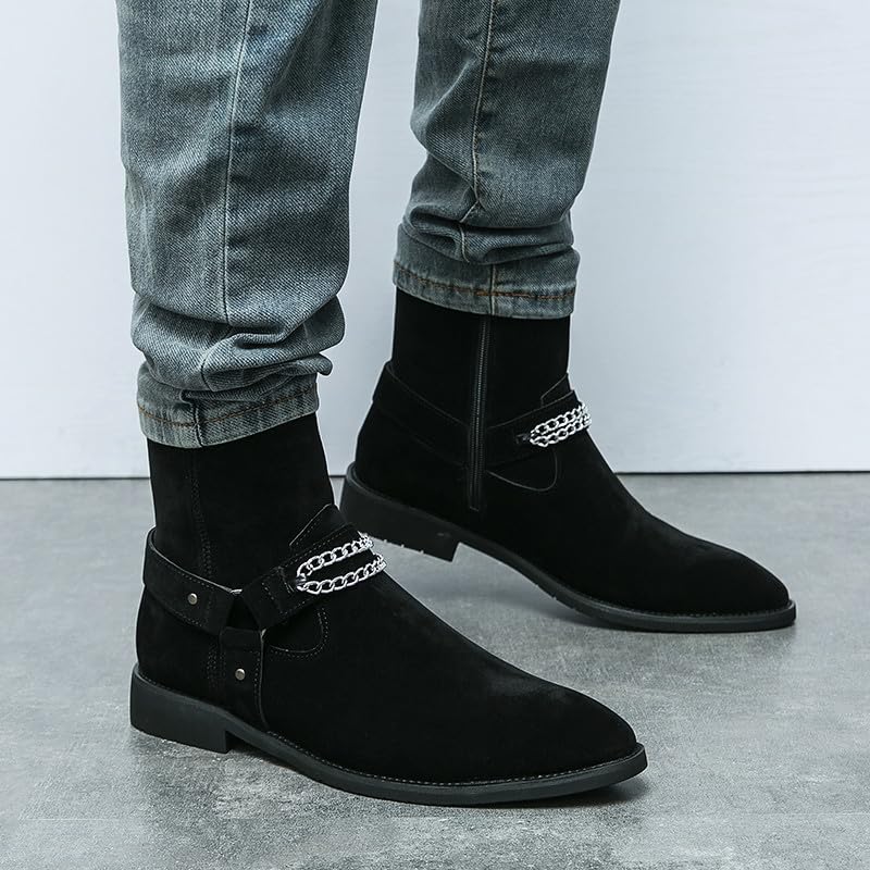 Santimon Men's Biker Punk Boots Belt Buckle Chain Strap Suede Dress Casual Boots with Side Zipper3