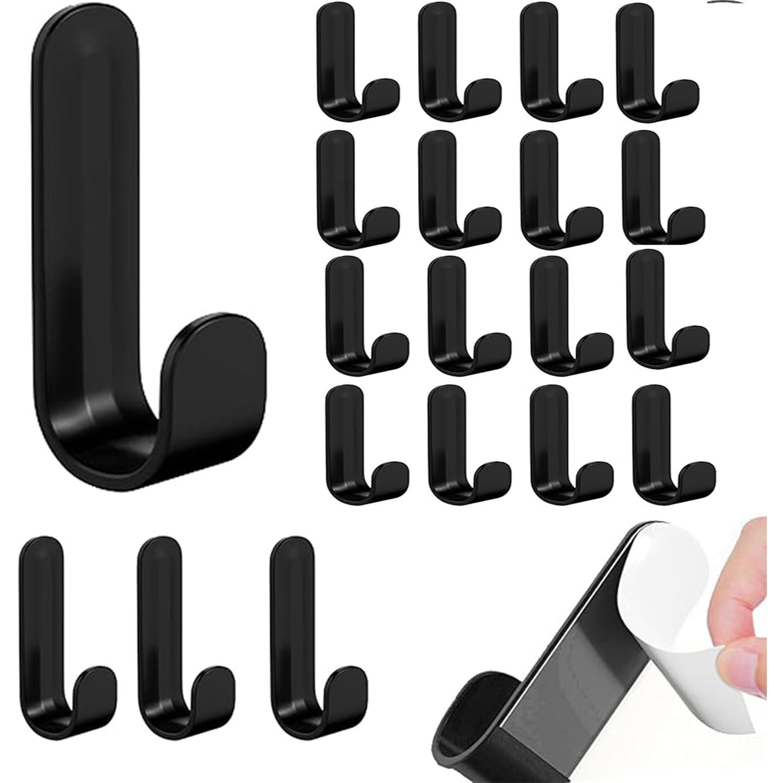 Yfelomatric Black Pack Of 20 Self-Adhesive Wall Hooks, Self-Adhesive Adhesive Hooks, Plastic Adhesive Hooks, Hook Towel Hooks, No Drilling Required, For Bathroom, Kitchen, Wardrobe