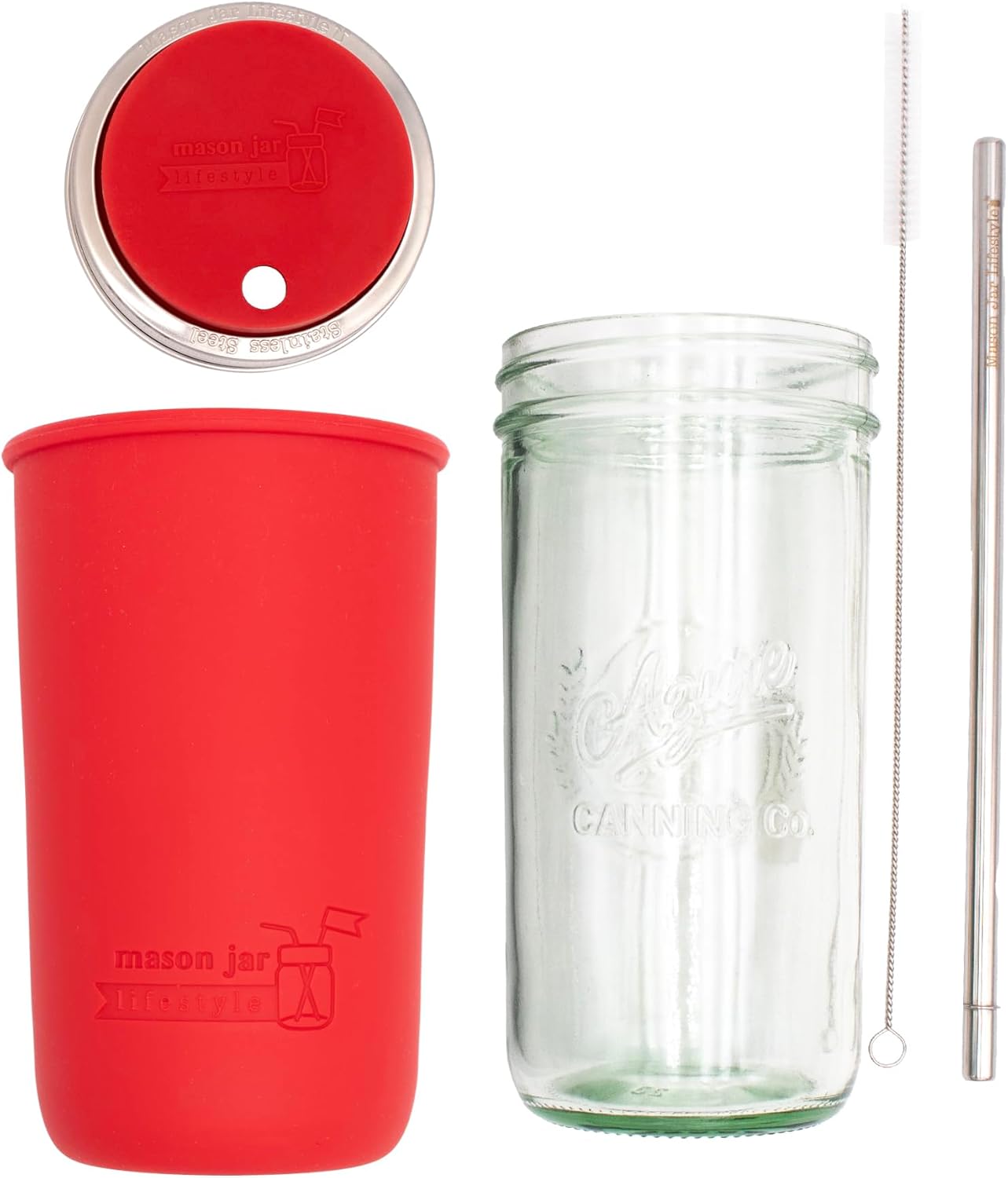 Mason Jar Lifestyle Wide Mouth 24oz Pint & Half Glass Mason Jar Water Bottle Travel Tumbler with Silicone Sleeve, Straw Lid, ans Stainless Steel Straw (Cherry Red)