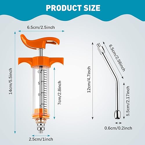 Miniatura 2 de Jeringa de 2 piezas con 2 boquillas de empapamiento, dosis ajustable, reutilizable, para ovejas, cabras (naranja, 0.7 fl oz)