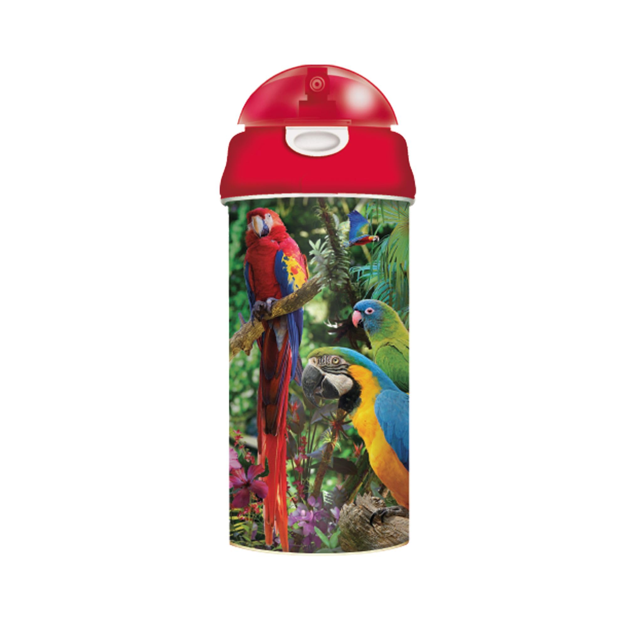 3D Livelife Parrot Drinking Bottle - Pandemonia From Deluxebase. 3D Lenticular 600Ml Bpa Free Reusable Red Water Bottle With Straw & Flip Top Lid. Leak Proof Animal Drinks Bottles With Design.