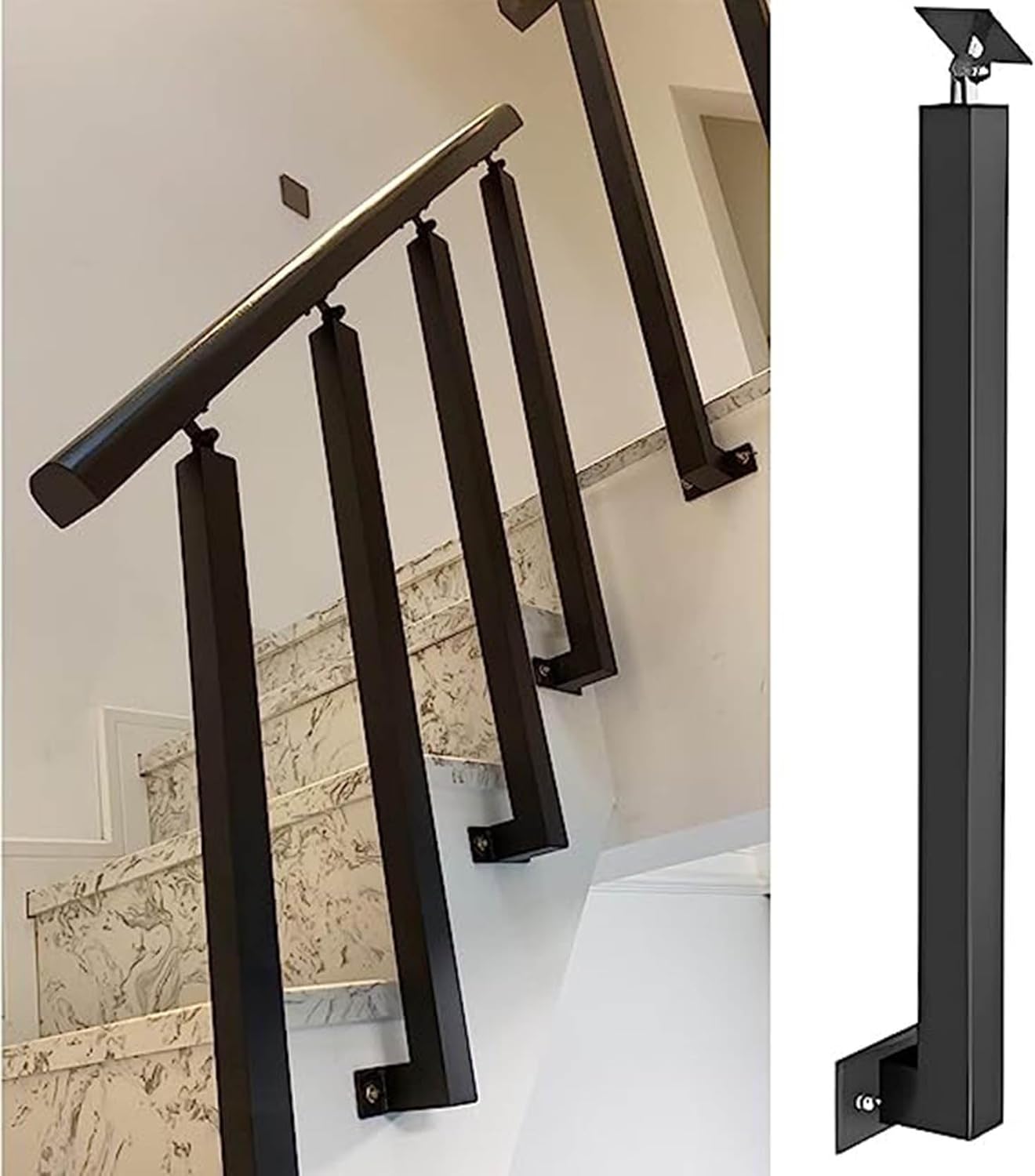 Black Square Metal Stair Baluster Posts - Adjustable 270° Railing Spindles for Steps, Porch & Balconies - Durable Handrail Support (Size: 95cm/37.4in) (115cm/45.3in)