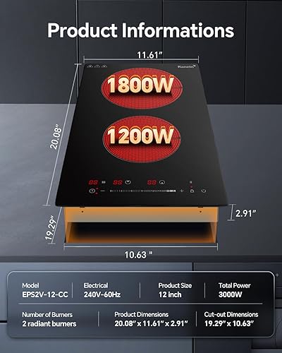 Miniatura 2 de Ranein Placa de cocina eléctrica con 2 quemadores, 12 pulgadas, 3000 W, 240 V, panel de cerámica, estufa eléctrica, múltiples protecciones de