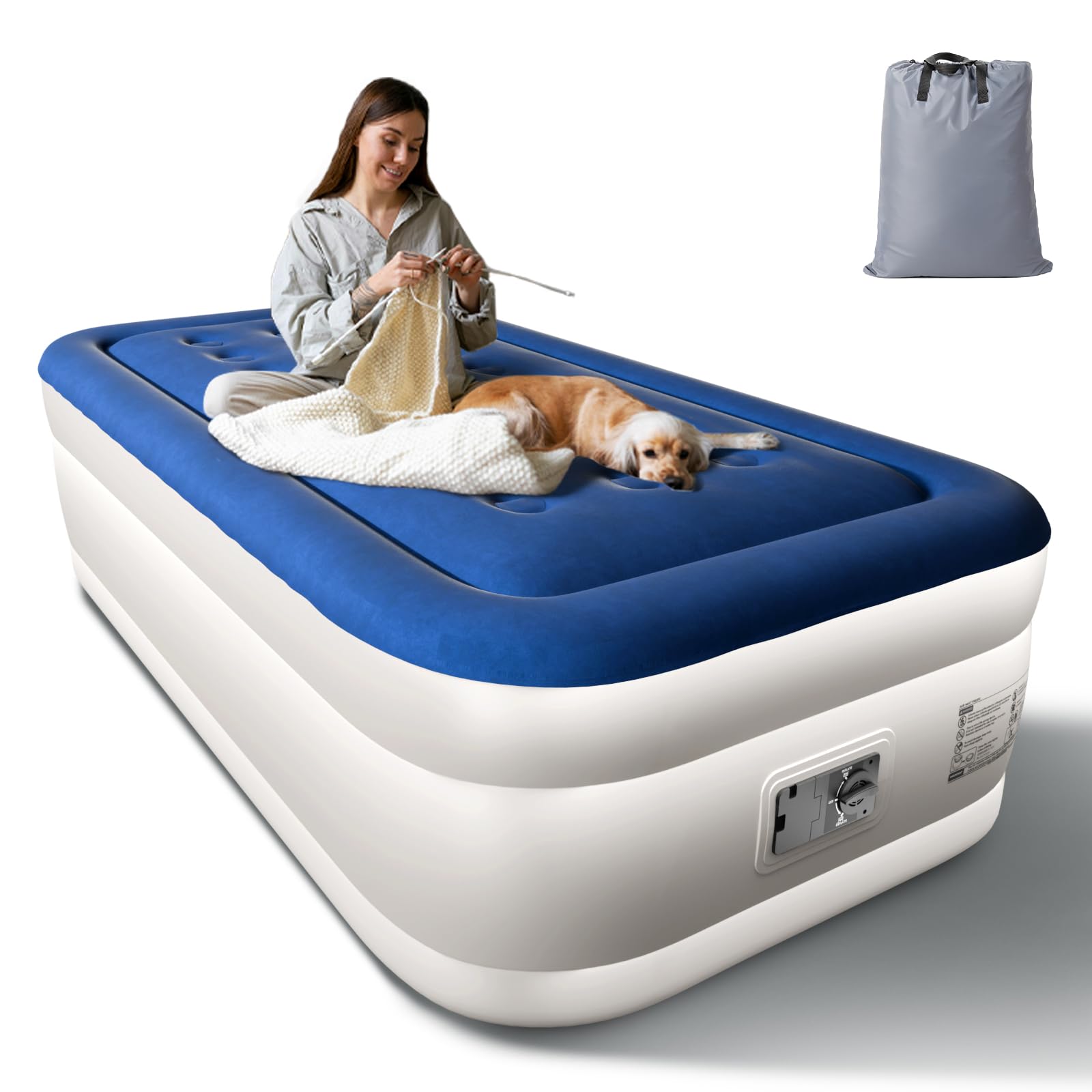 Bonnlo Single Air Bed,Inflatable Camping Air Mattress with Built-in Electric Pump,190x99x45cm Flocked Surface, UK Plug, 150kg Capacity for Outdoor Camping & Guest Use (Blue/White)