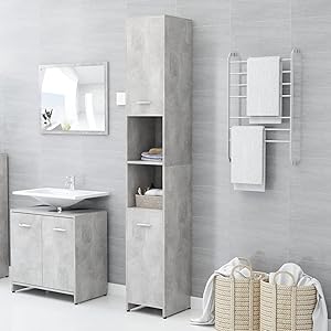 Gecheer Aparador Armario baño Columna de Baño Suspendido Armario Alto para Baño Columna de baño Mueble Auxiliar de Baño Armario de baño Madera Gris hormigón 30x30x183,5 cm con asa