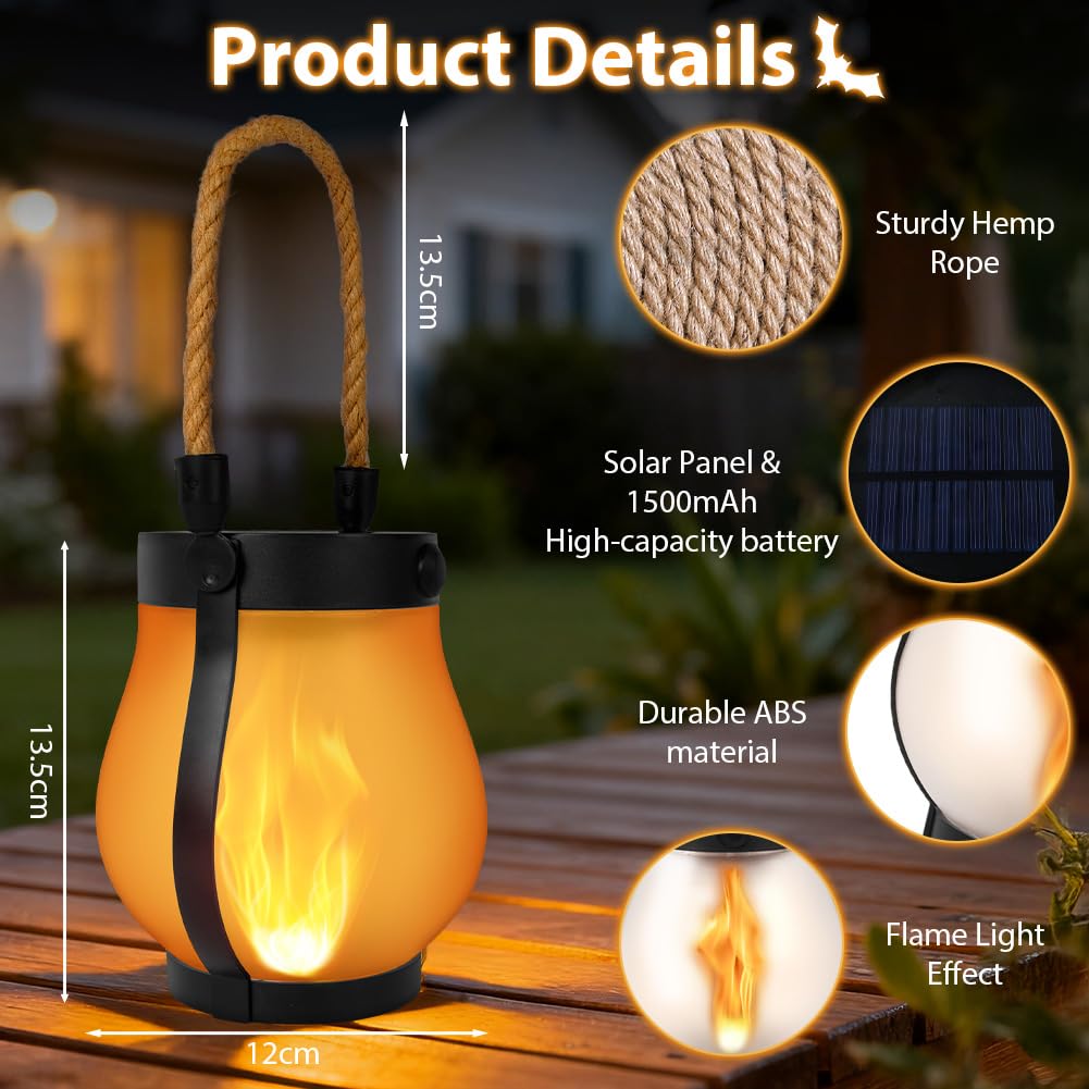 Farolillos Solares llama Exterior, Exterior Retro con Efecto Llama Luces de Camping para Patio/Césped/Pasillo/Jardín/Terraza/Balcón/Porche/Camping, Lámpara Decorativa 2pcs