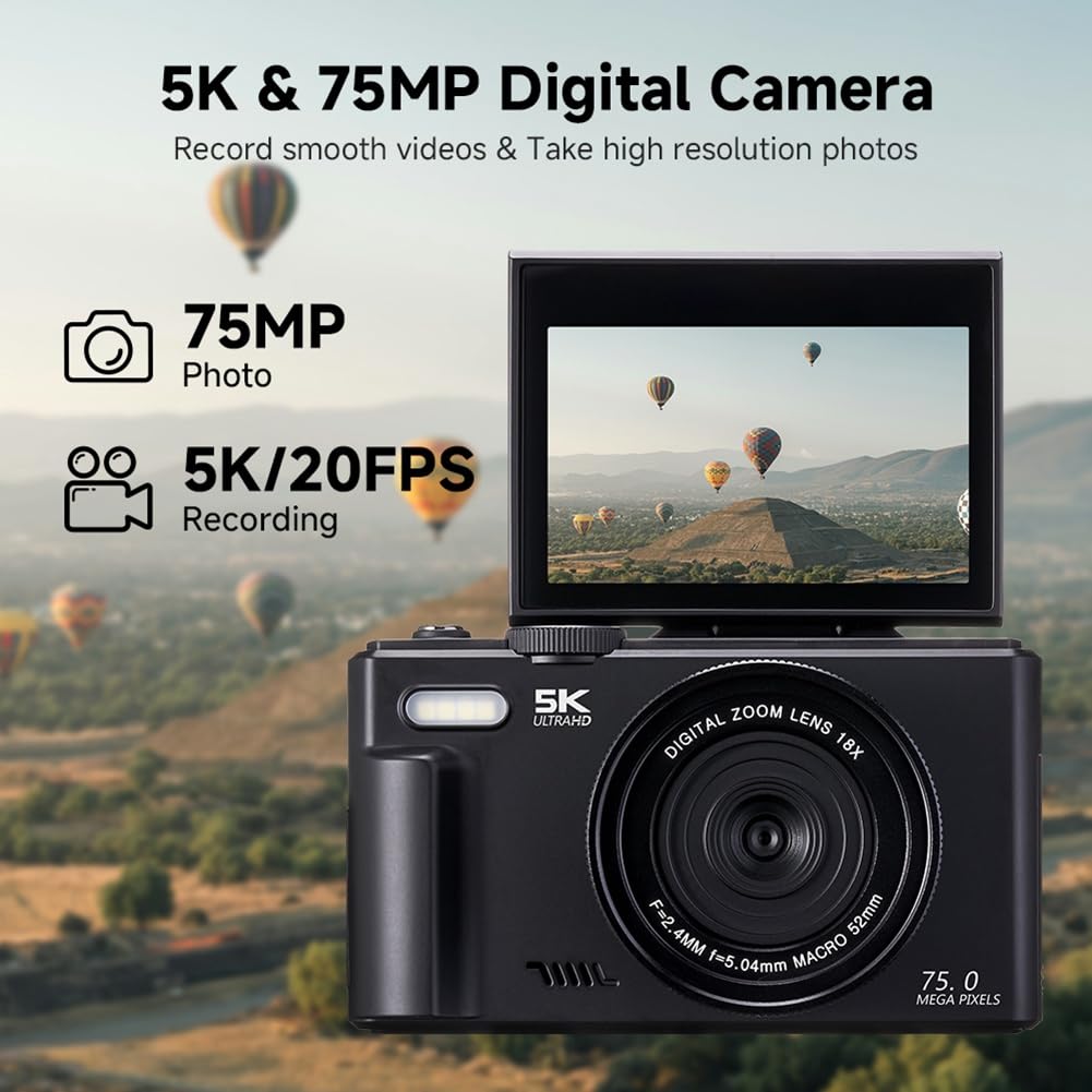 Fotocamera Digitale da 75 MP, Video 5K, Zoom 18X, Registratore Vlog Vintage, Schermo Girevole A 180°, Wi-Fi - Ideale per I Creatori di Contenuti
