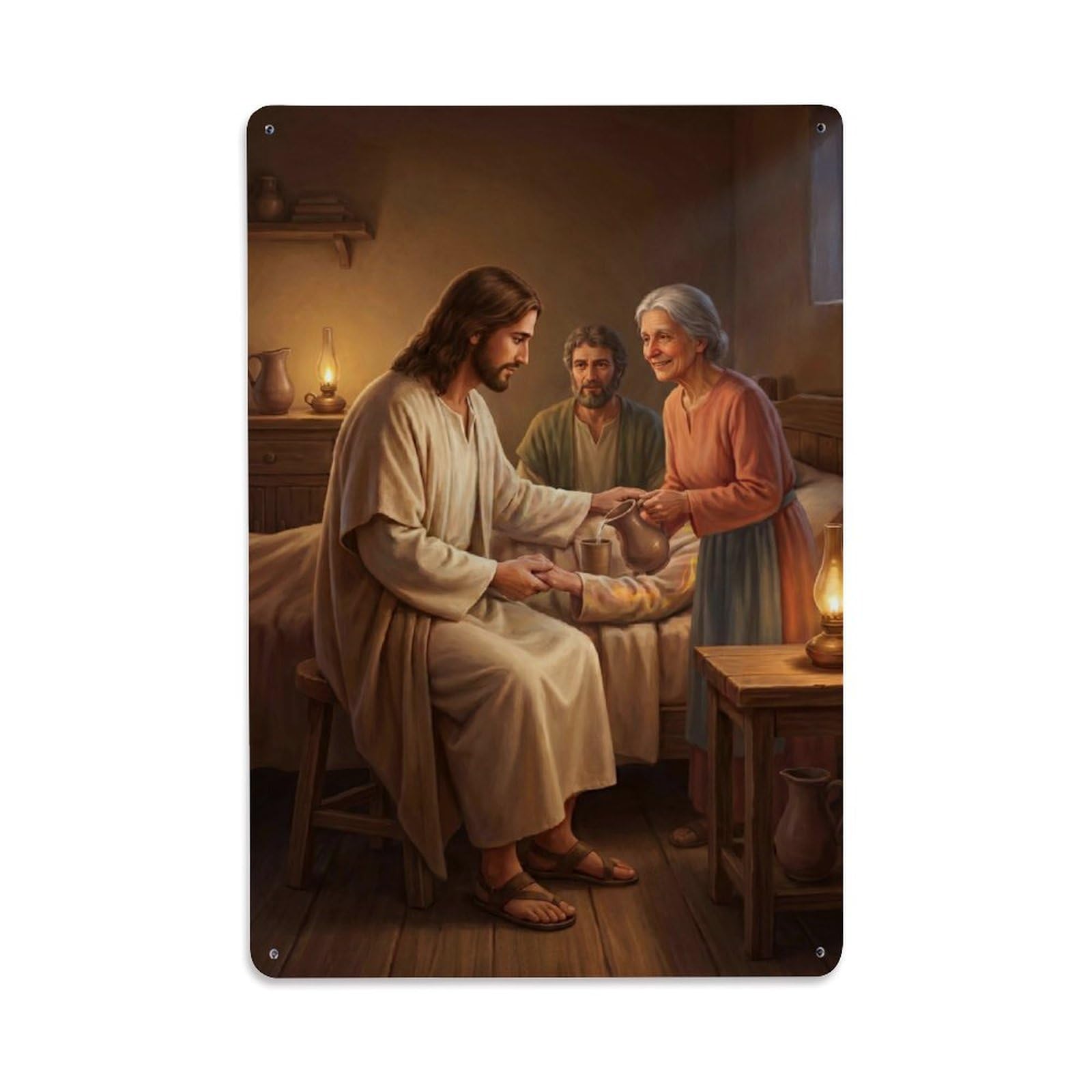Christ Healing Miracle Peter Mother In Law Bible Gospel Metal Tin Sign Plaque Wall Decor for Cafe, Man Cave, Club Bar, Office, Home Garden Round Metal Poster 8x12Inch