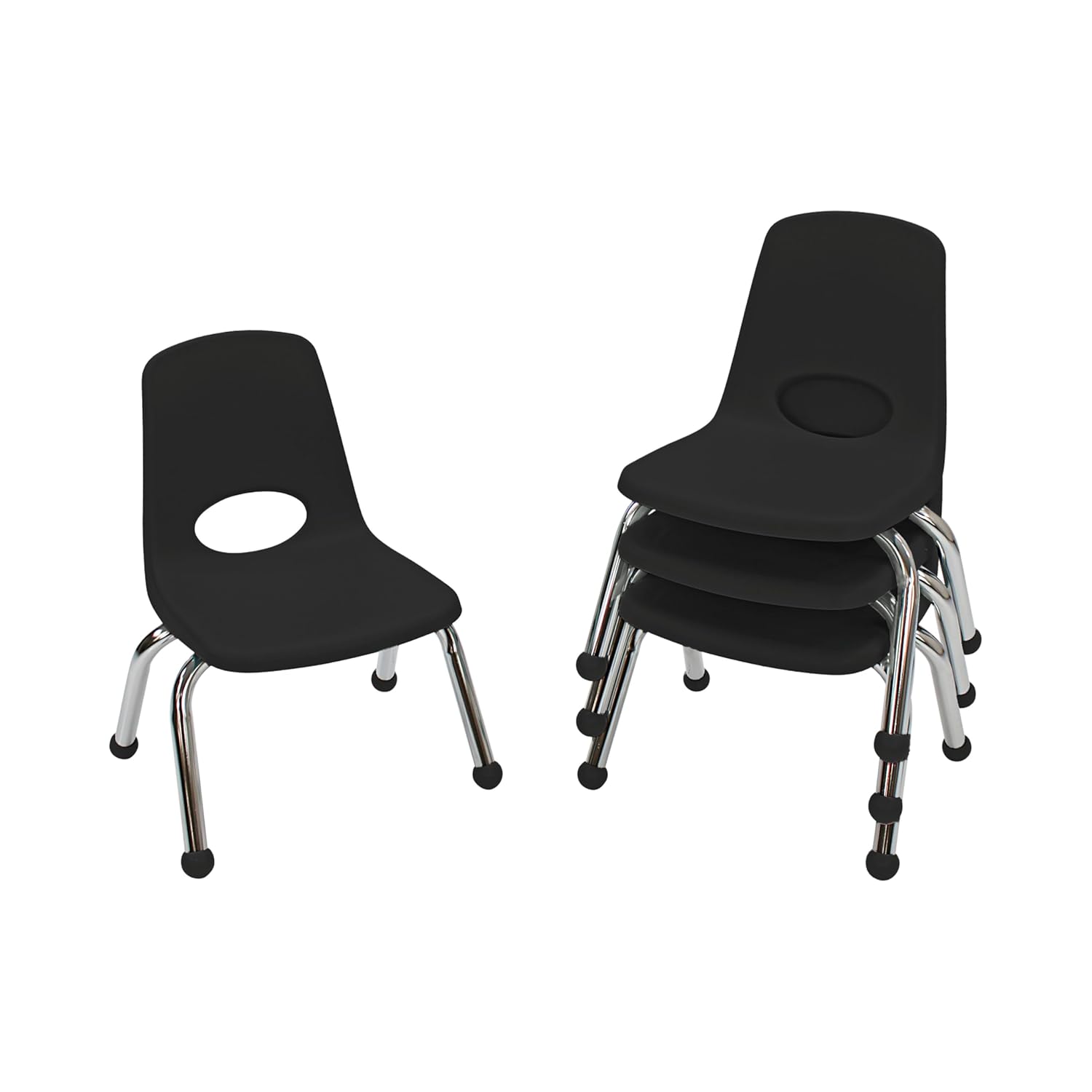 FDP 10" School Stack Chair, Stacking Student Seat with Chromed Steel Legs and Ball Glides; for in-Home Learning or Classroom - Black (4-Pack), 10377-BK