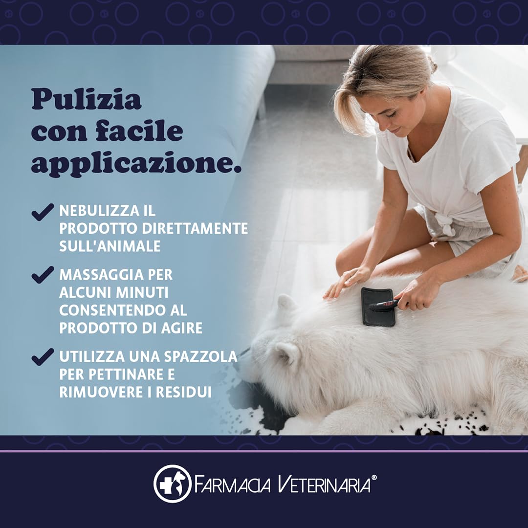 Farmacia Veterinaria Shampoo Secco per Cani - Privo di Parabeni e Coloranti - Shampoo per Cani Profumato e Senza Risciacquo - 250 ml, Prodotto in Italia
