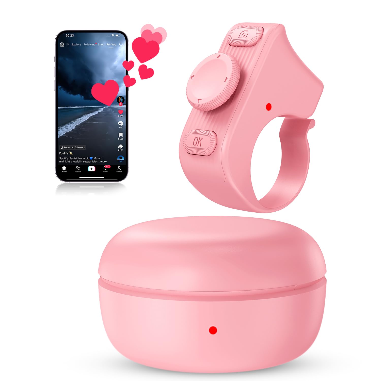Photo 1 of [New Upgrade, Easy to Use] TikTok Scrolling Ring Remote Control, Camera Shutter Remote, Wireless Bluetooth Scrolling Ring for iPhone, iPad, iOS, Android - Light Pink