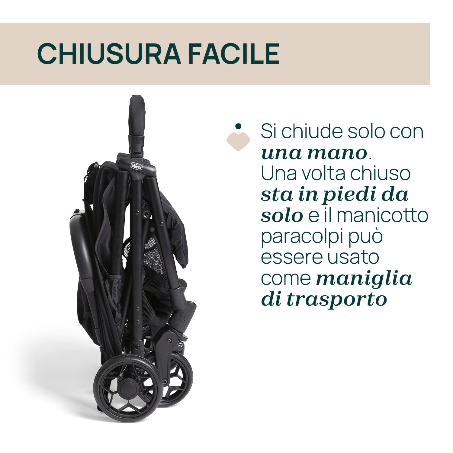 Chicco Urbino, Passeggino 0+ Mesi-22 Kg, Passeggino Leggero con Chiusura Smart e Compatta, Capotte Estensibile con Trattamenti UV50+ Antipioggia, Schienale Reclinabile e Regolabile, Poggiagambe, Nero