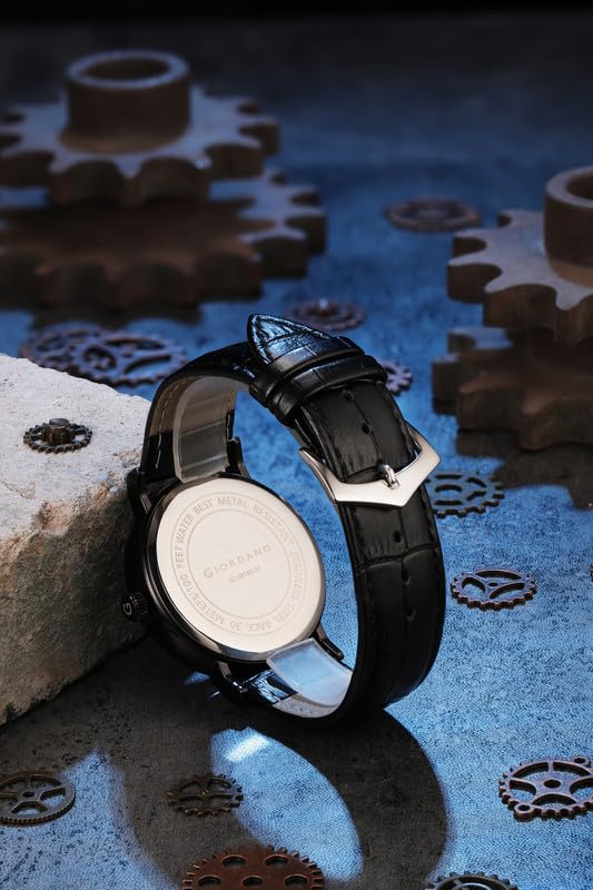 Image of Giordano Analog Quartz Watch for Men with Skeleton Round Dial, Date Function, Luminous Hands and Markers, Leather & Stainless Steel Strap - GZ-50182
