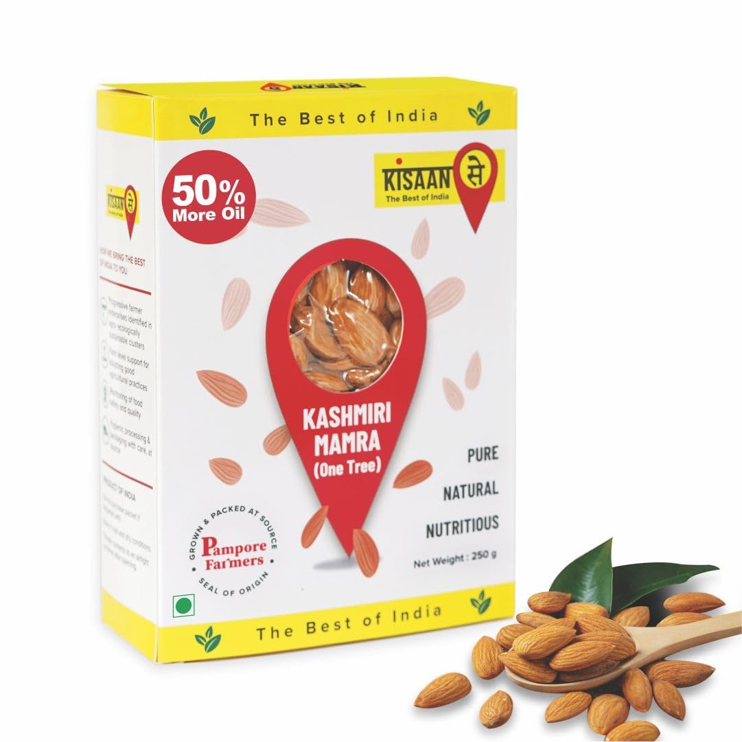 KisaanSay Kashmiri Mamra Almonds 250gm | High Oil Content | More PUFA MUFA | Unpolished Badaam Giri | 100% Natural Crunchy Nuts & Dryfruits | Fresh As Just Harvested | Rich in Protein, Fiber | Natural Immunity Booster | Unpolished & Unprocessed