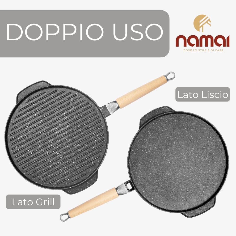 fashion home Pagano Padella Doppia Piastra Bistecchiera Pietra Antiaderente, Lato Grill e Liscio, Manico Removibile, Diametro 36 cm, Rivestimento Antiaderente