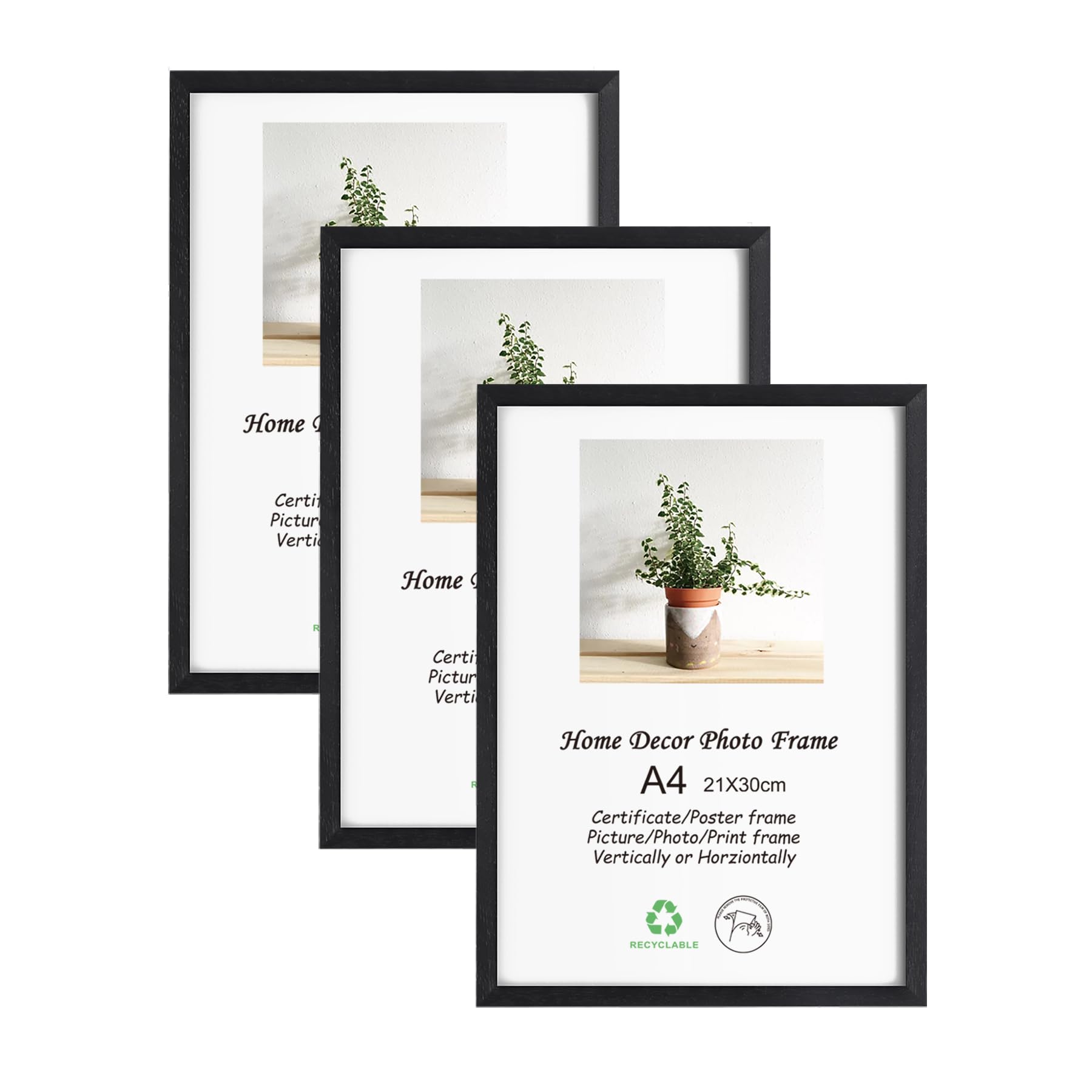 LYYYXGYP A4 Picture Frame Set of 3 Black Solid Wood Poster Painting A4 Paper 8.3x11.7 Diploma Certificate Frames with Plexiglass for Wall Hanging and