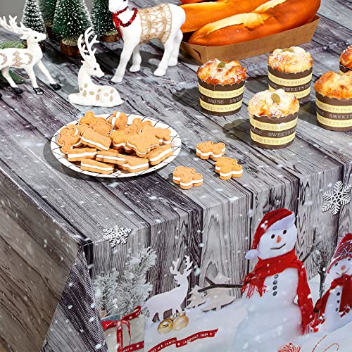 Tiamon 3 Pcs Christmas Tablecloth Snowman Table Cover Disposable Rustic Wood Grain Winter Snowflake Rectangle Table Cloth for Xmas New Year Holiday Party Supplies, 54 x 108 Inch – Image 6