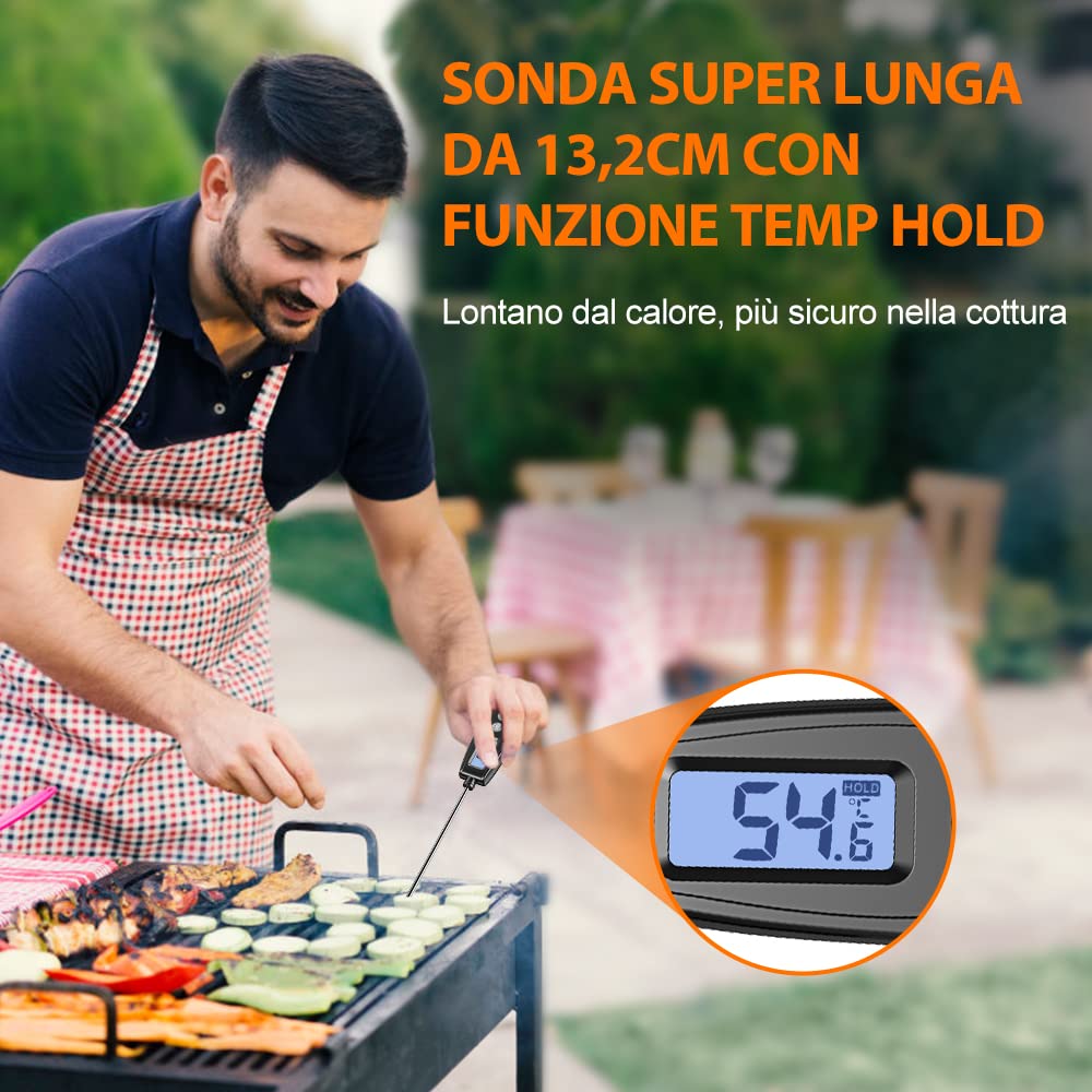 Termometro Alimenti Digitale Glangeh - Sonda 13.2cm Acciaio Inox, Impermeabile IP66, Per Carne, BBQ, Olio