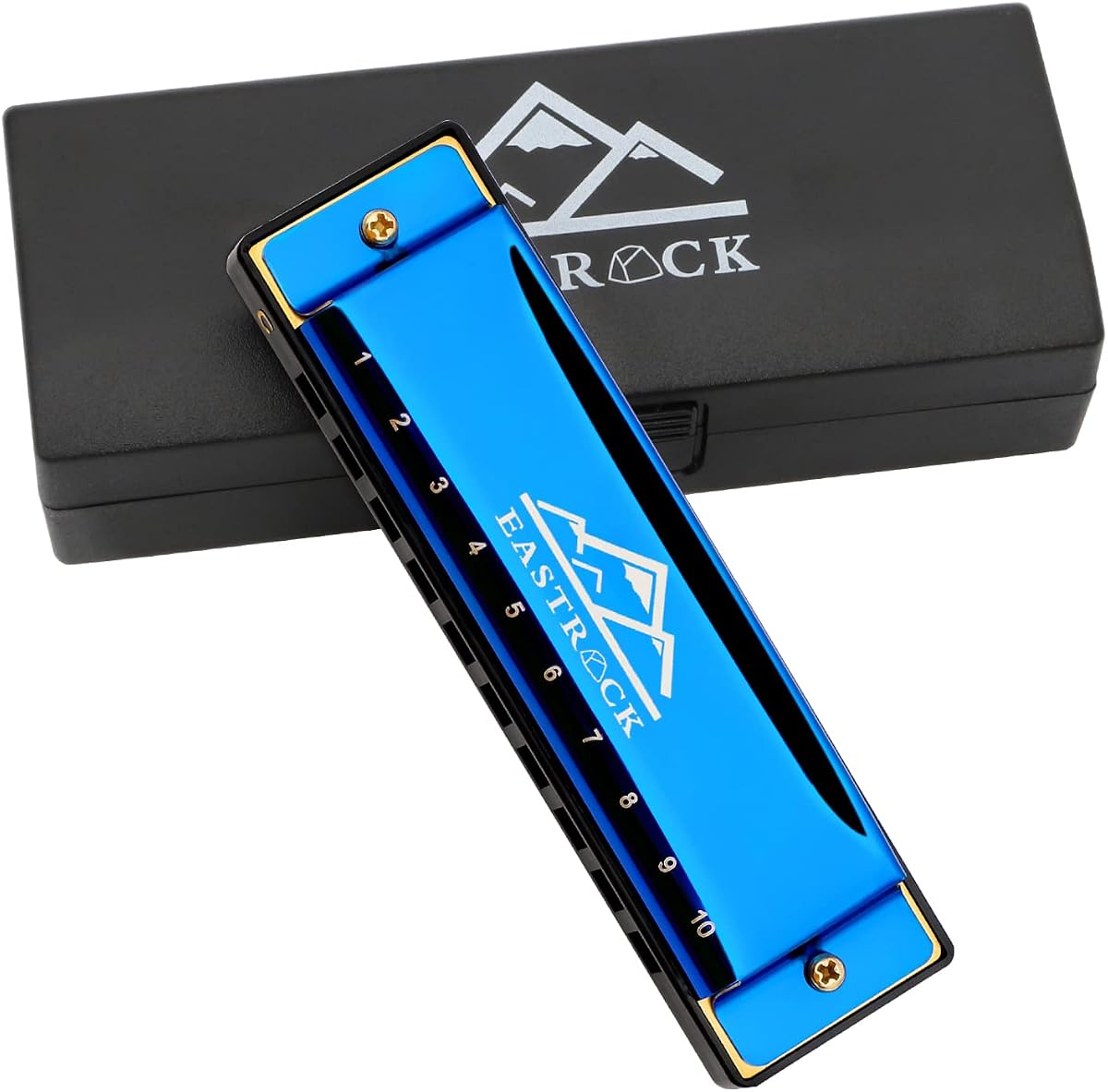 Regalo EastRock 10 Hole Blues Harmonica C Key Blue con estuche para adultos principiantes | Lengüetas de bronce de fósforo de órgano de boca diatónica y placa de cubierta de metal para estudiantes profesionales Amigos adultos