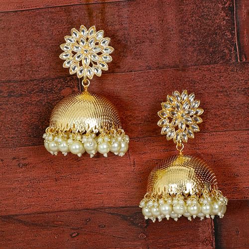Ethnic Indian Gold-Toned Pearl and Kundan Stone Jhumka Earrings for Women3