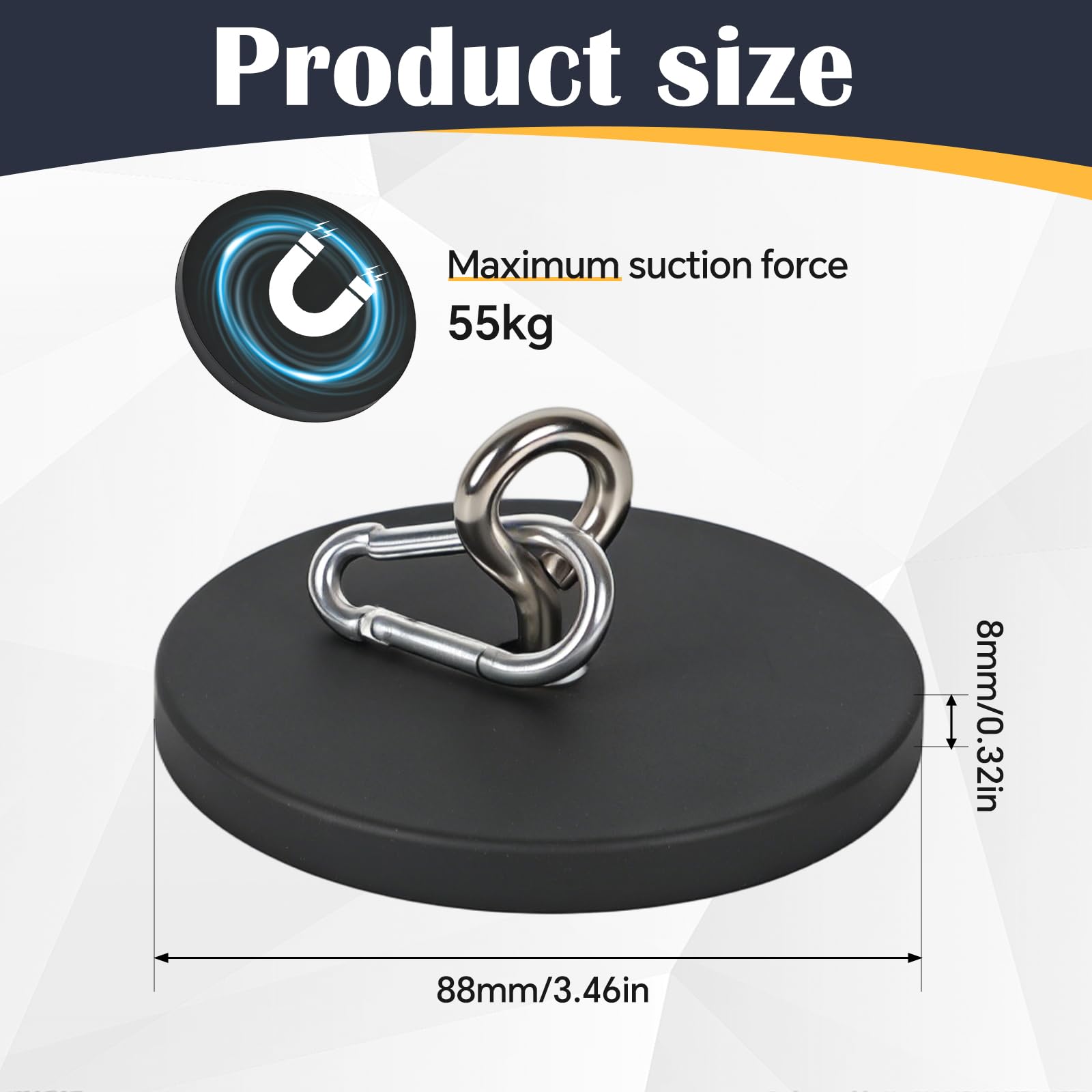 2 Stück Starke Klebemagnete mit Karabinerhaken, Rubber-Coated Strong Adhesive Magnet für Camping Awning, Tarp, Awning, Rain Cover, Magnetic Carabiner and Eyelet, up to 55kg,Ohne Bohren
