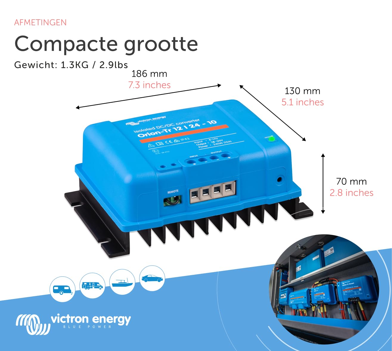 Victron Energy Orion-Tr IP43 48/24-Volt 12 amp 280-Watt DC-DC Omvormer, Geïsoleerd