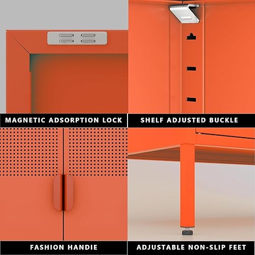 Miniatura 9 de Armario decorativo de 2 puertas, armario de almacenamiento de metal naranja con estante ajustable, estante de 2 niveles, almacenamiento de casillero