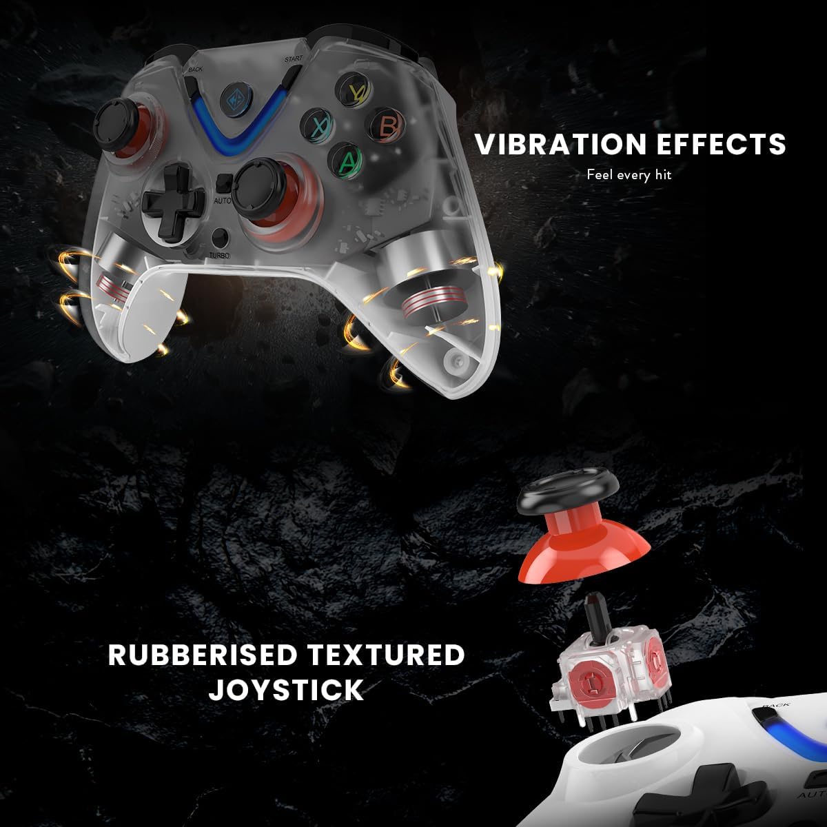 Cosmic Byte ARES Wireless Controller vibration effects and rubberized textured joysticks
