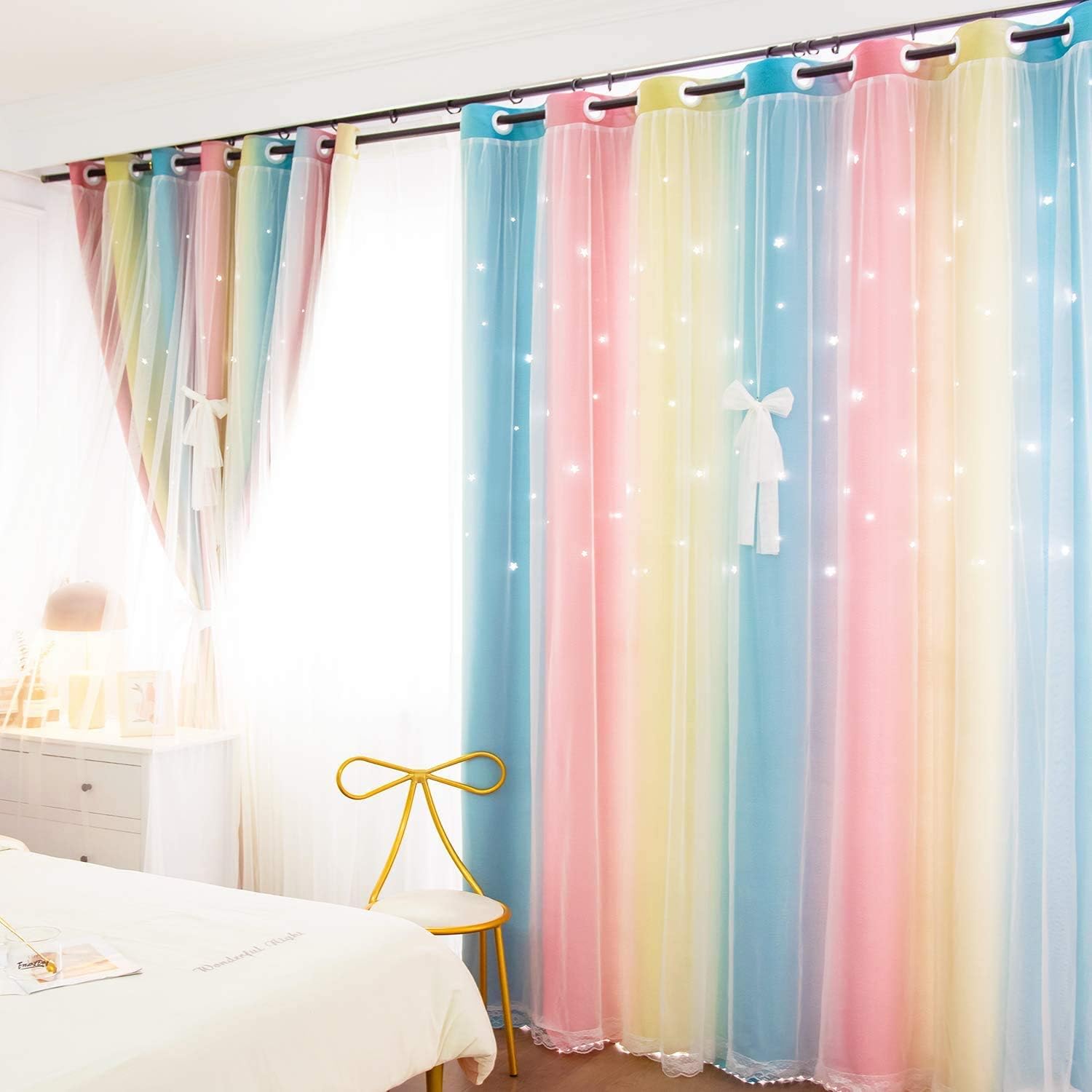 UNISTAR 2 Panels Star Blackout Curtains for Kids Girls Bedroom Aesthetic Living Room Colorful Double Layer Cut Out Stripe Pink and Blue Rainbow Window Home Decoration Curtain W42 x L63 Inches