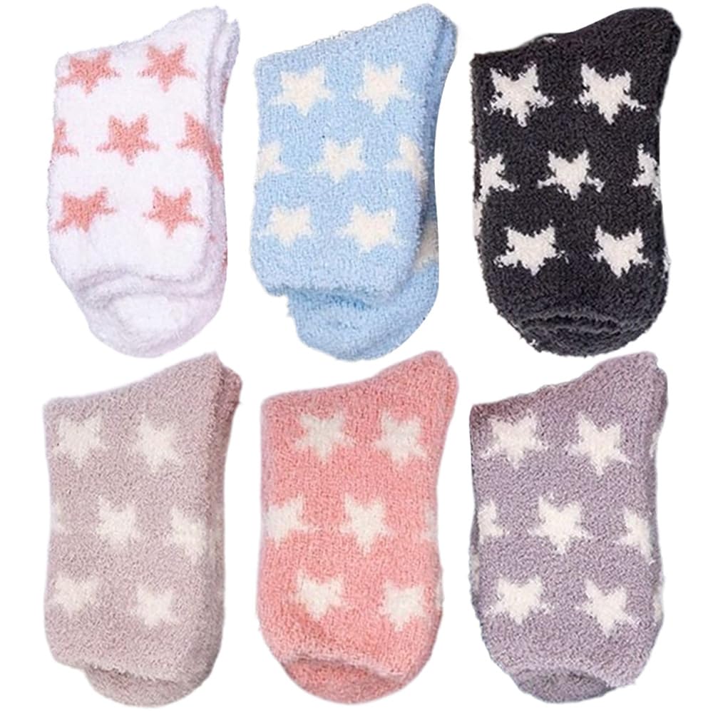 Fluffy Bed Socks, Fuzzy Slipper Cozy Quarter Socks for Women, Polycotton, Star Pattern (6 Pack)