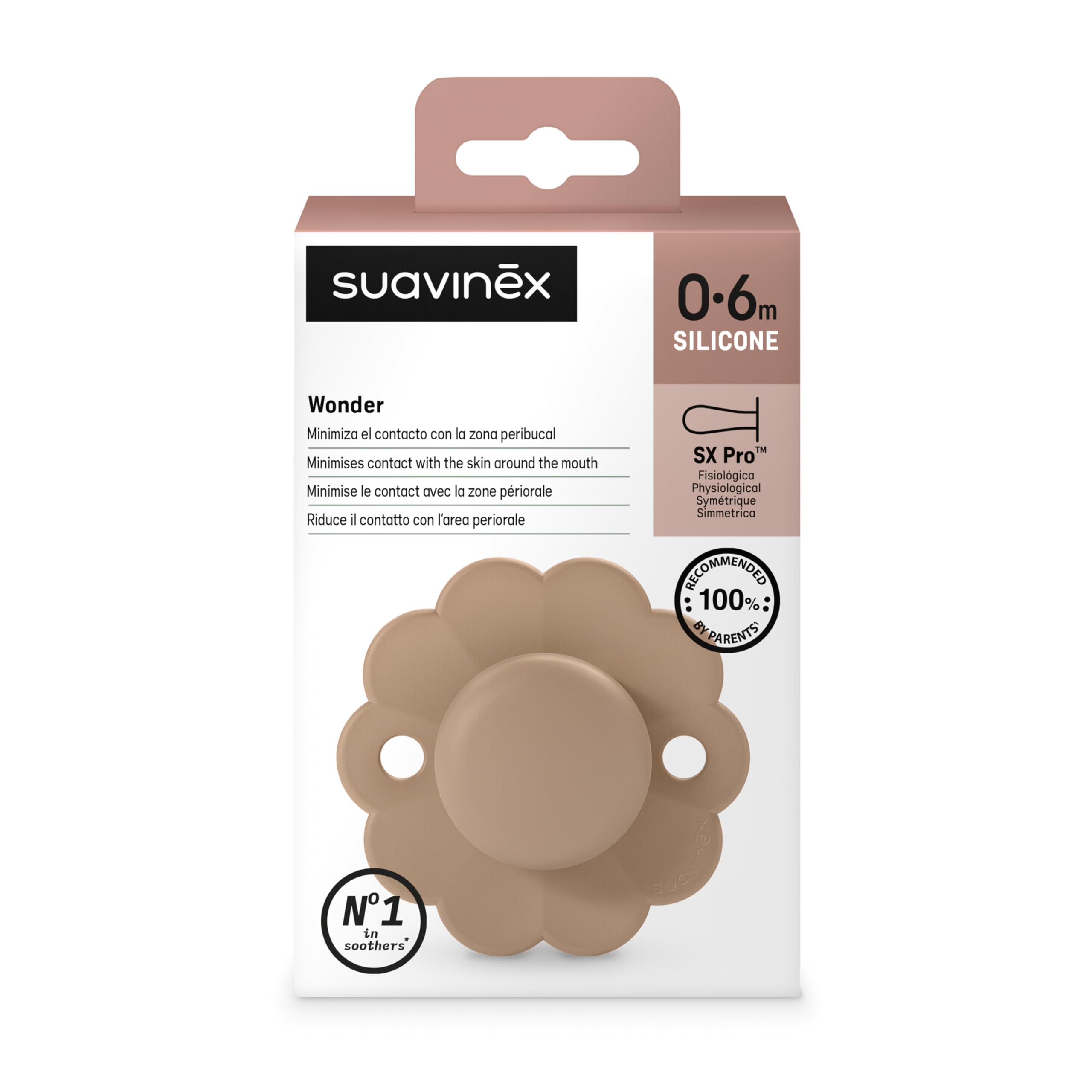 Suavinex Suavinex, Baby Dummy 0-6 Months, Round Dummy with Symmetrical Teat SX Pro in Silicone, Reversible Teat, Flat and Flexible, Oral Development, Newborn Dummy, Wonder Cork in use