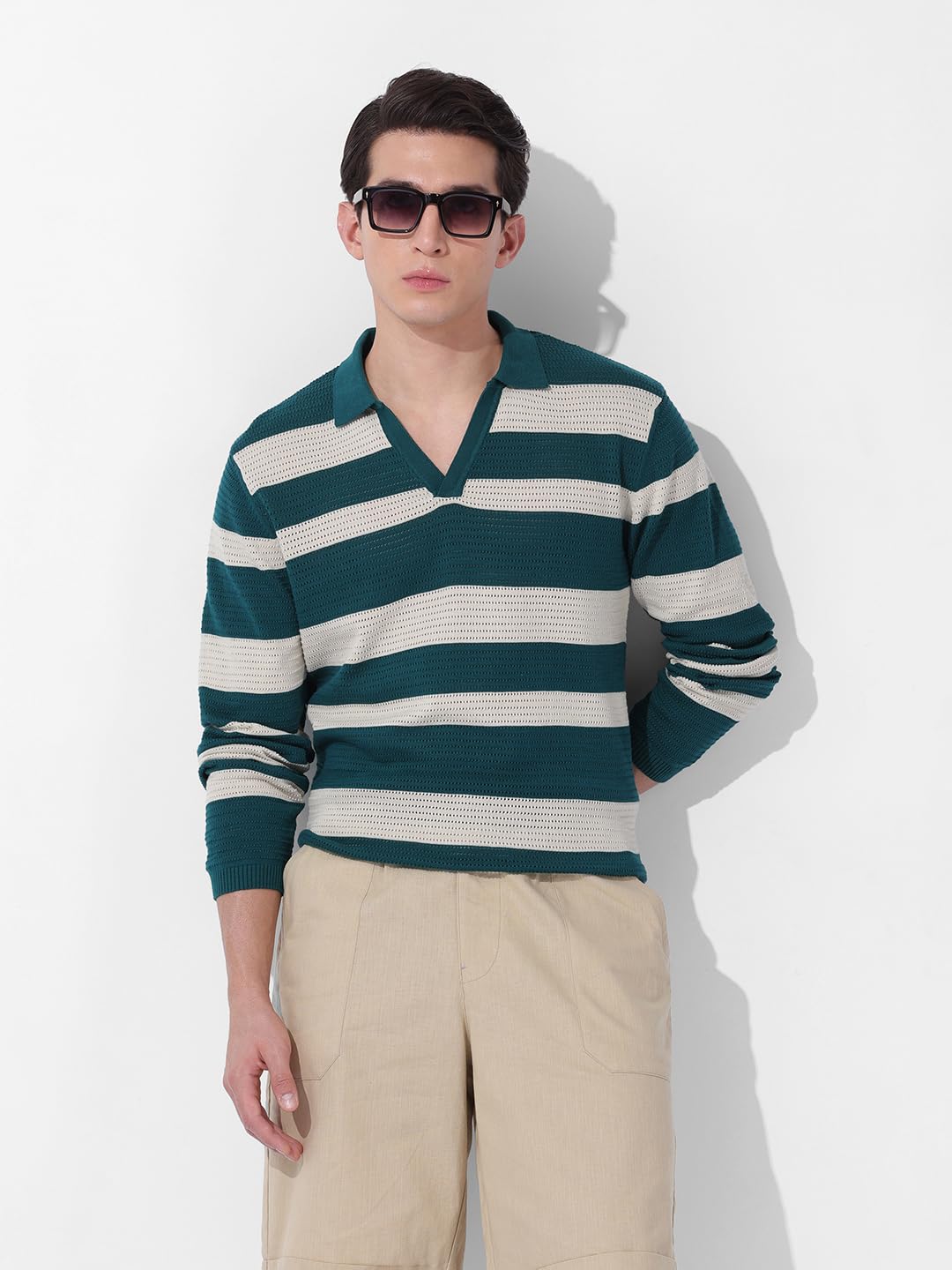 The Indian Garage Co Męska koszulka polo z długim rękawem w paski o kroju slim fit płaska dzianina