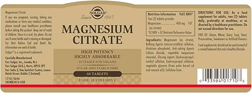 Miniatura 2 de Solgar Citrato de magnesio - 60 tabletas - Promueve huesos saludables, apoya la función nerviosa y muscular - Altamente absorbente - Sin OMG,