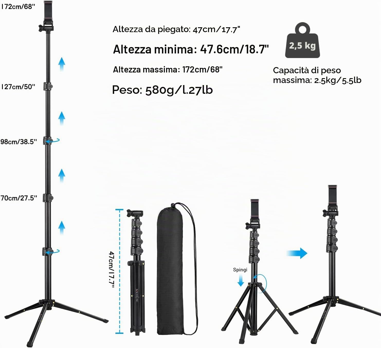 Victiv Treppiede Smartphone in Alluminio 172 cm, Cavalletto per Smartphone con Telecomando e Supporto per Telefono Cellulare, Selfie Stick Treppiede Compatibile con iPhone 17/16/15/14/13/12 Pro Max